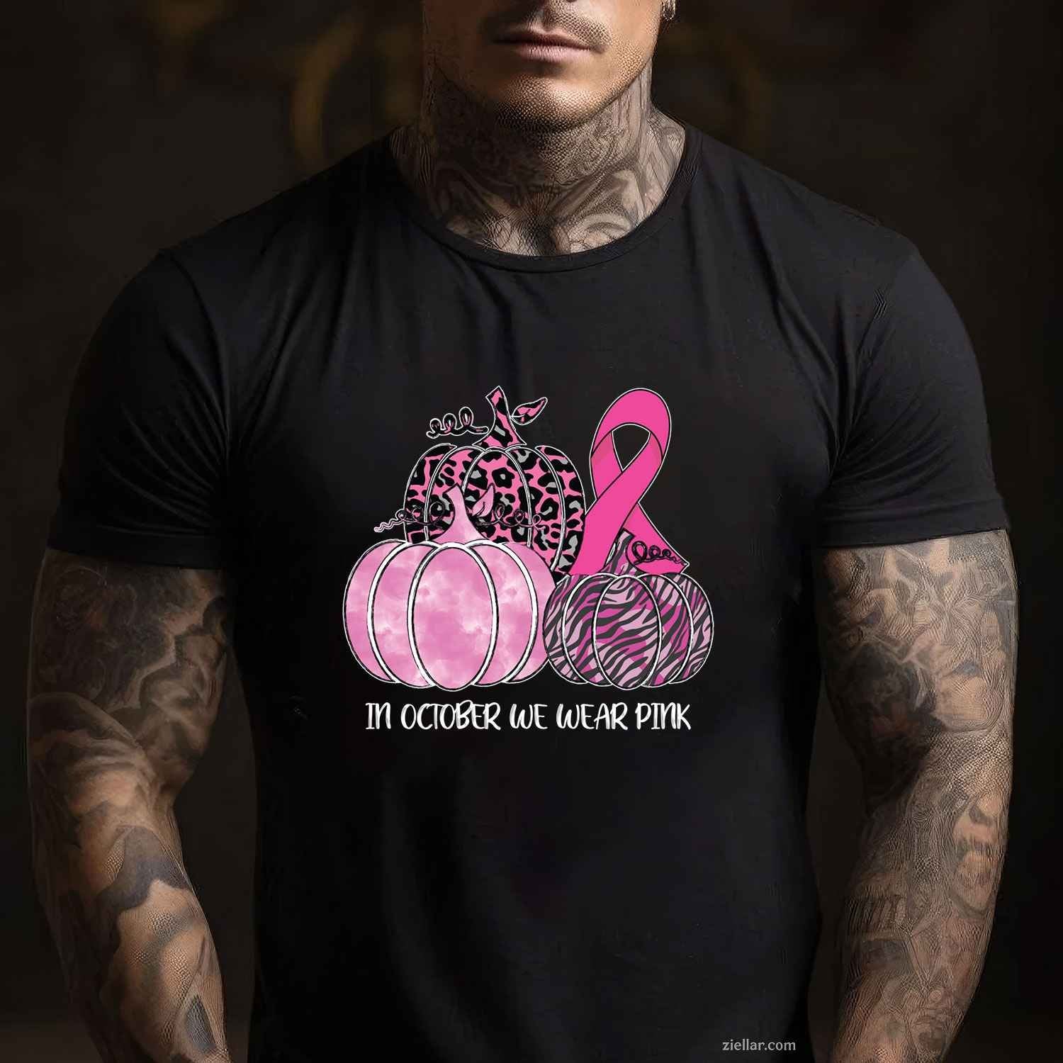 In October We Wear Pink Ribbon Pumpkin Breast Cancer Long Sleeve Funny Graphic Tee and T-Shirt Gift for Adults Men Women Unisex