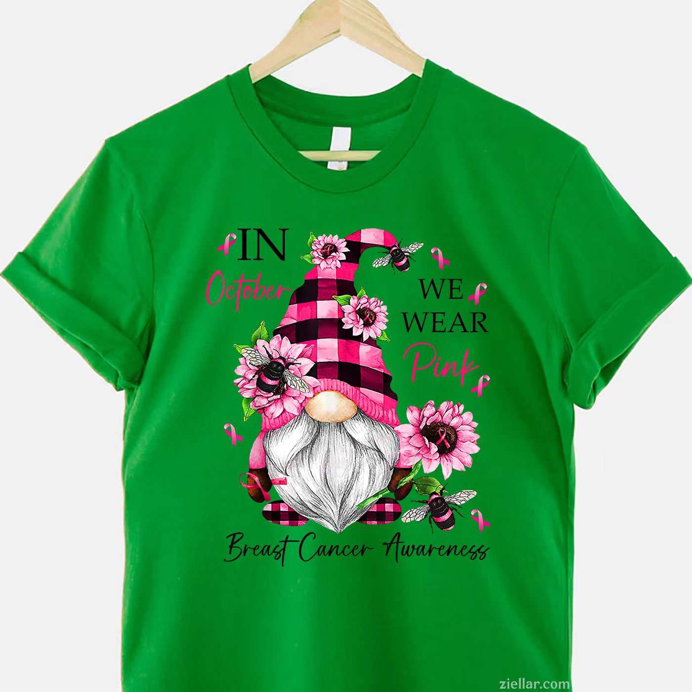 In October We Wear Pink Gnome Breast Cancer Awareness Funny Graphic Tee and T-Shirt Gift for Adults Men Women Unisex