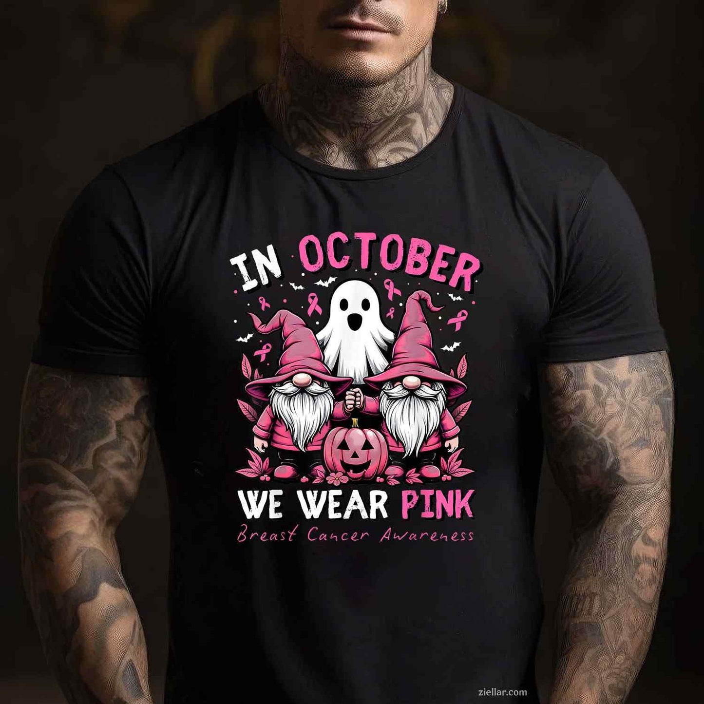 In October We Wear Pink Ghost Gnomes Breast Cancer Awareness Funny Graphic Tee and T-Shirt Gift for Adults Men Women Unisex