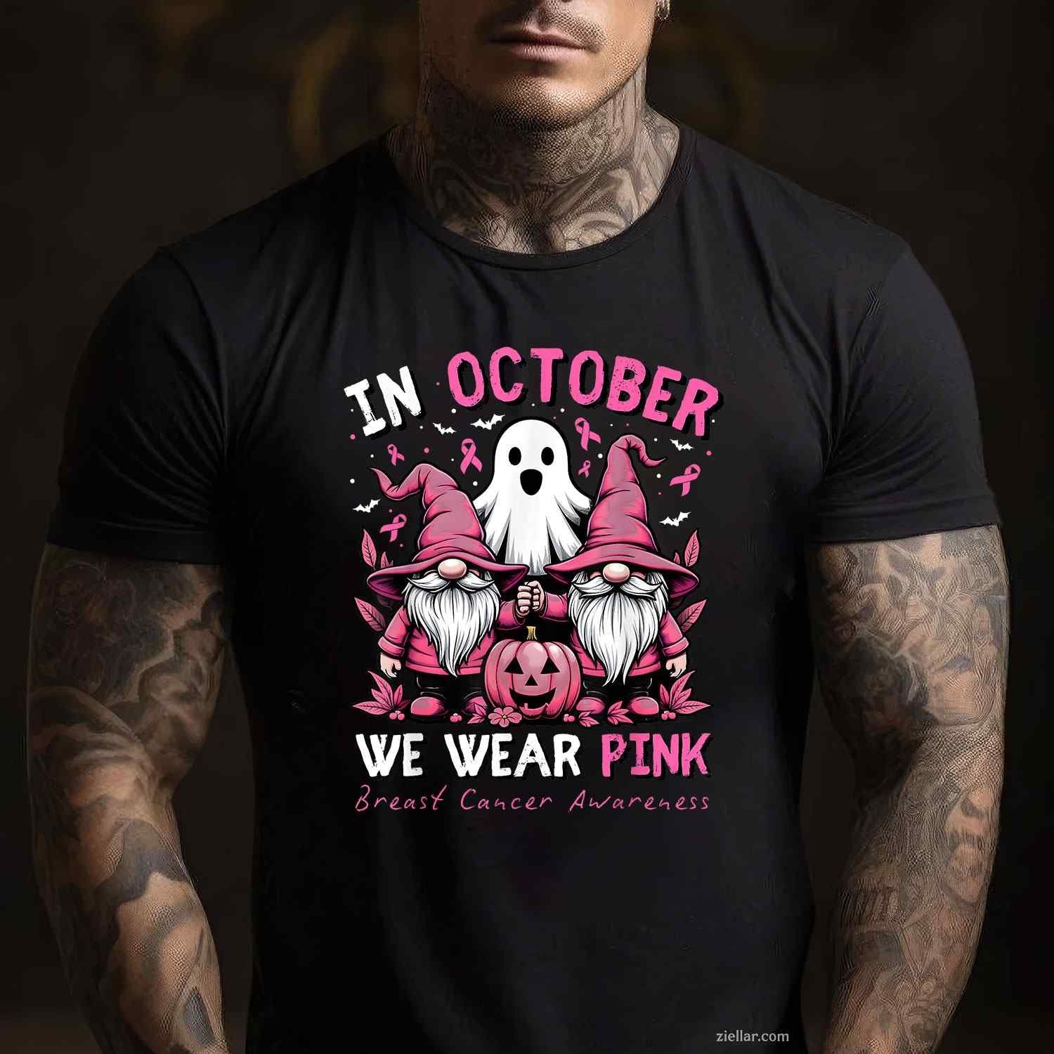 In October We Wear Pink Ghost Gnomes Breast Cancer Awareness Funny Graphic Tee and T-Shirt Gift for Adults Men Women Unisex