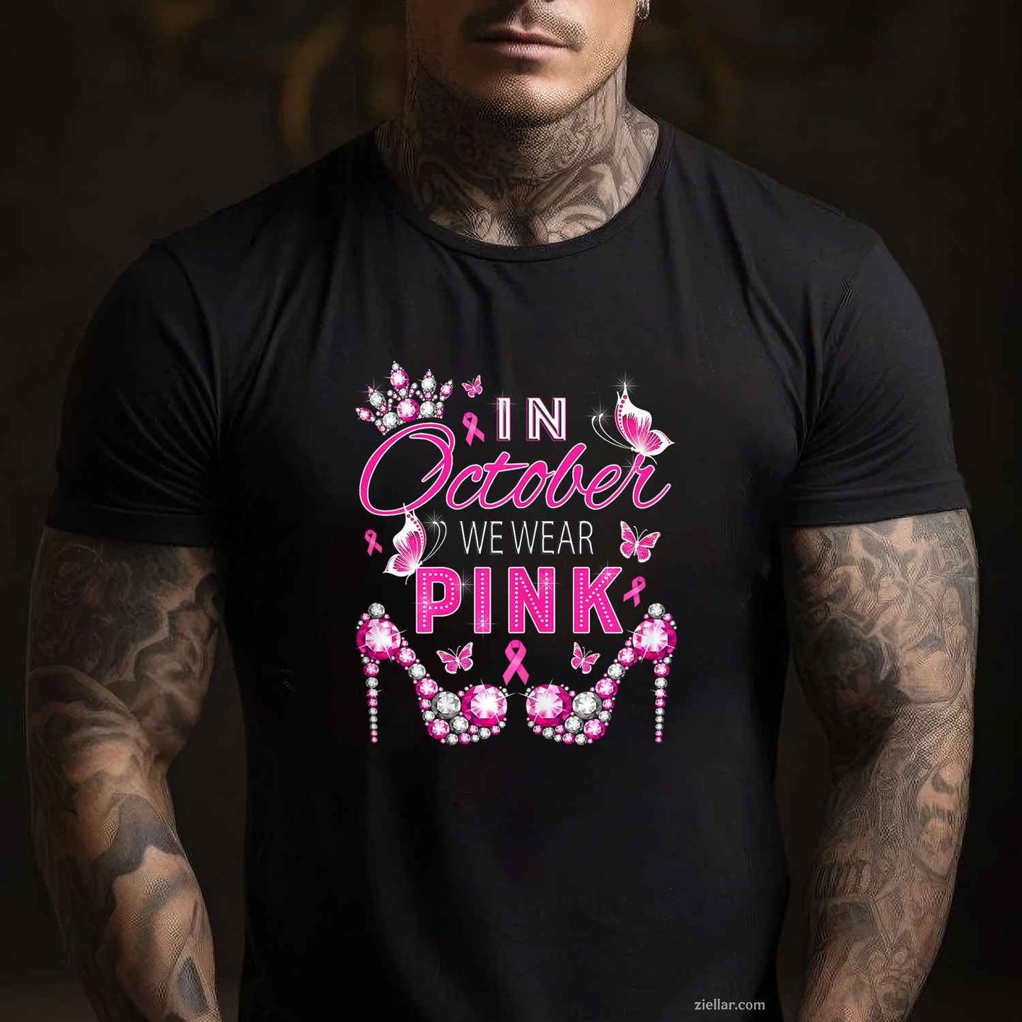 In October we wear pink breast cancer awareness ribbon girly Funny Graphic Tee and T-Shirt Gift for Adults Men Women Unisex
