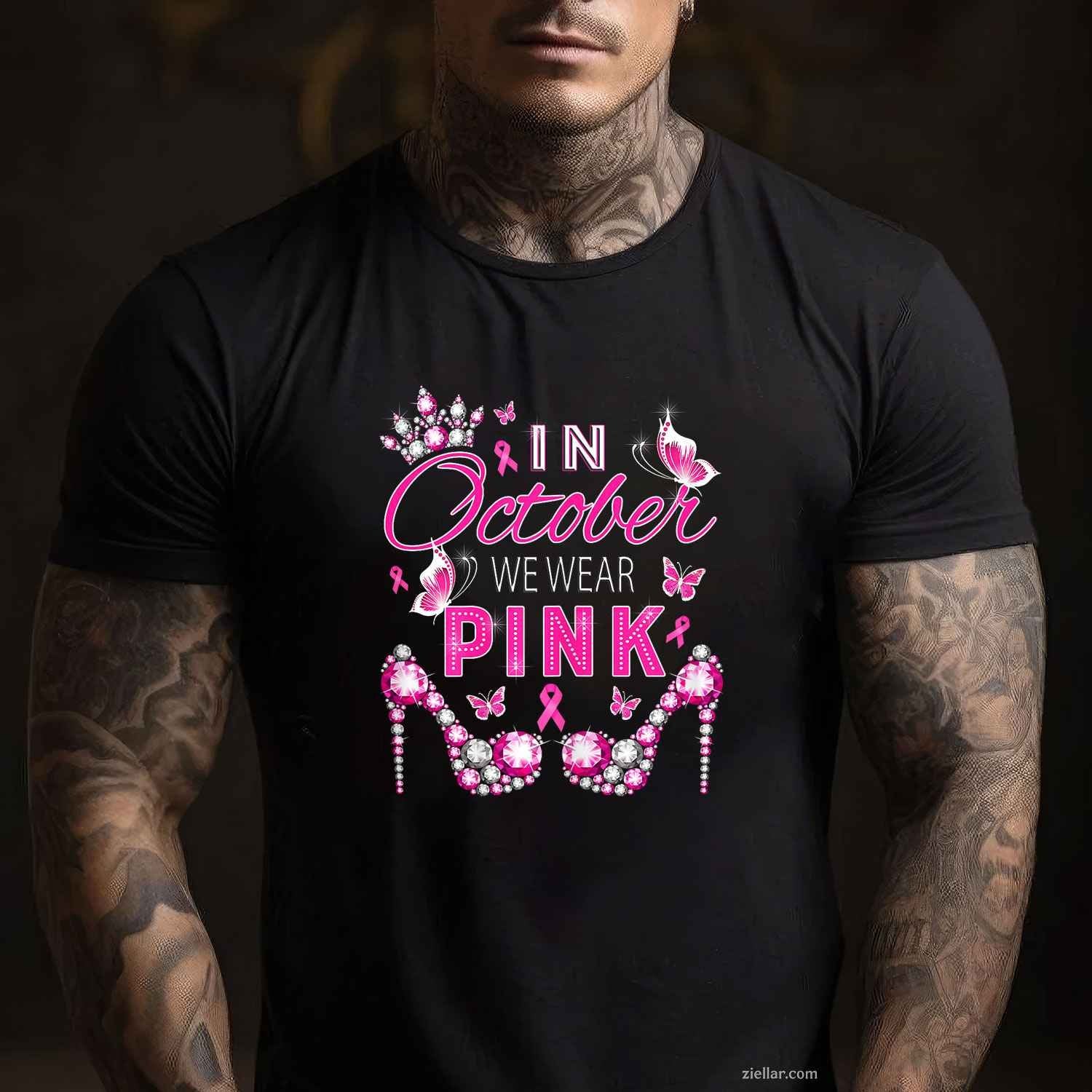 In October we wear pink breast cancer awareness ribbon girly Funny Graphic Tee and T-Shirt Gift for Adults Men Women Unisex