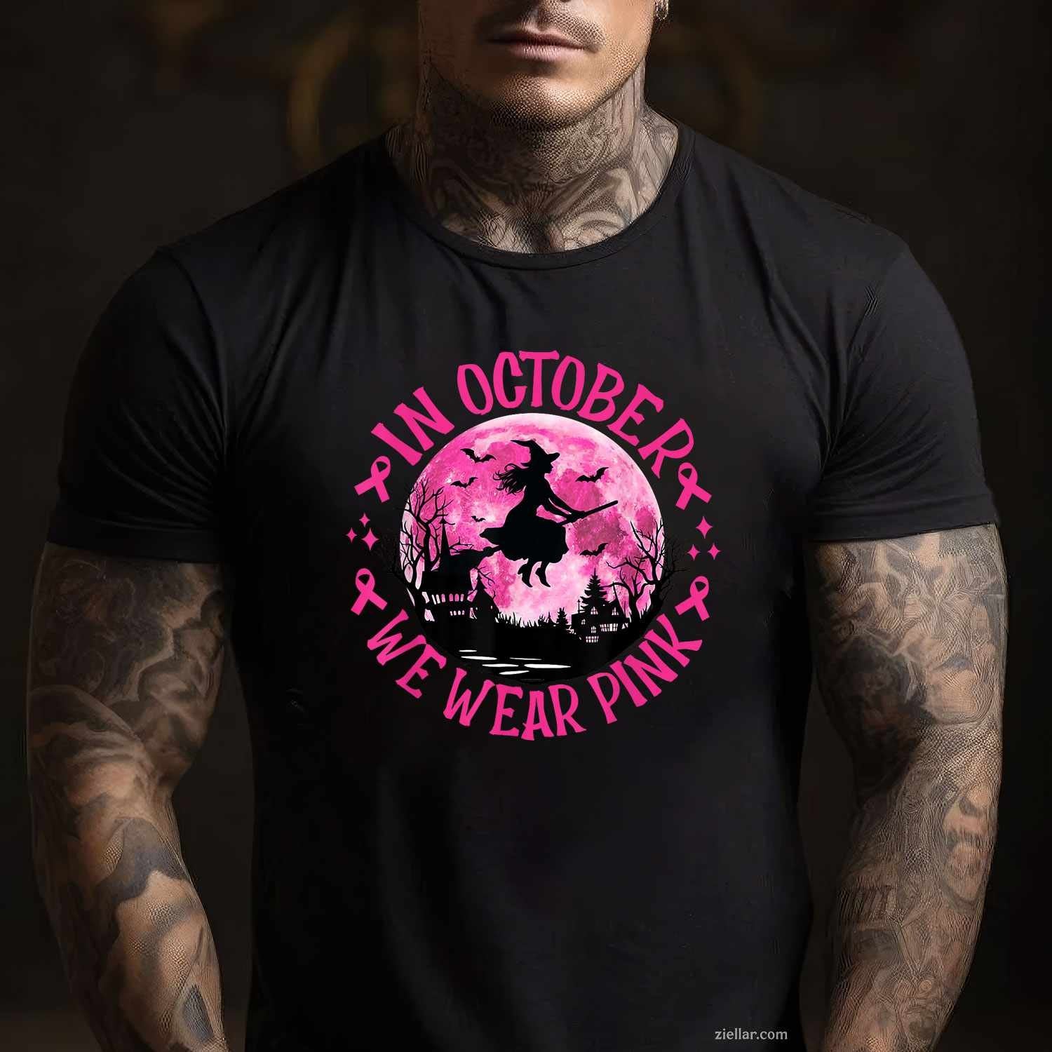 In October We Wear Pink Witch Breast Cancer Awareness Women Funny Graphic Tee and T-Shirt Gift for Adults Men Women Unisex