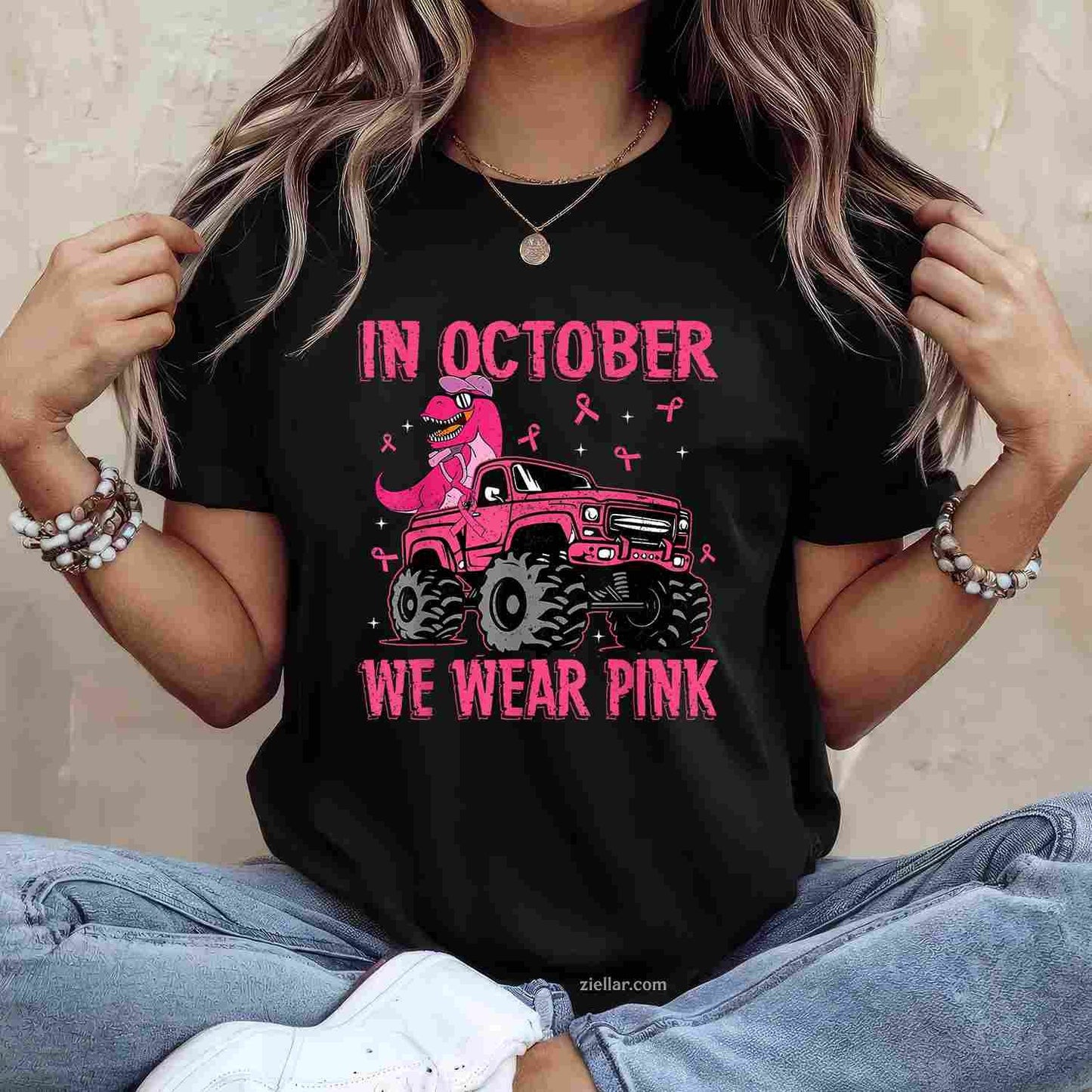 In October We Wear Pink Breast Cancer Trex Dino Kids Toddler Funny Graphic Tee and T-Shirt Gift for Adults Men Women Unisex