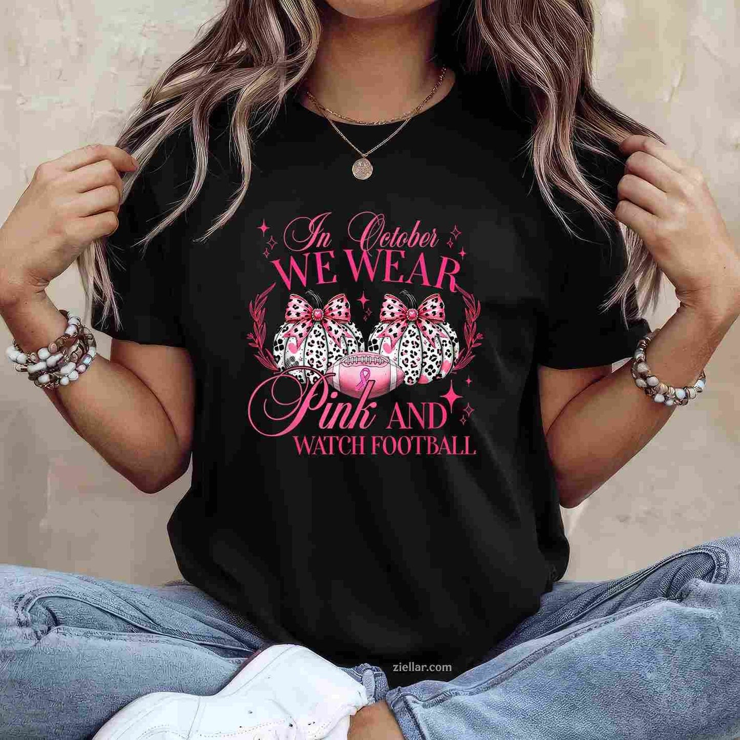 In October We Wear Pink And Watch Football Funny Graphic Tee and T-Shirt Gift for Adults Men Women Unisex