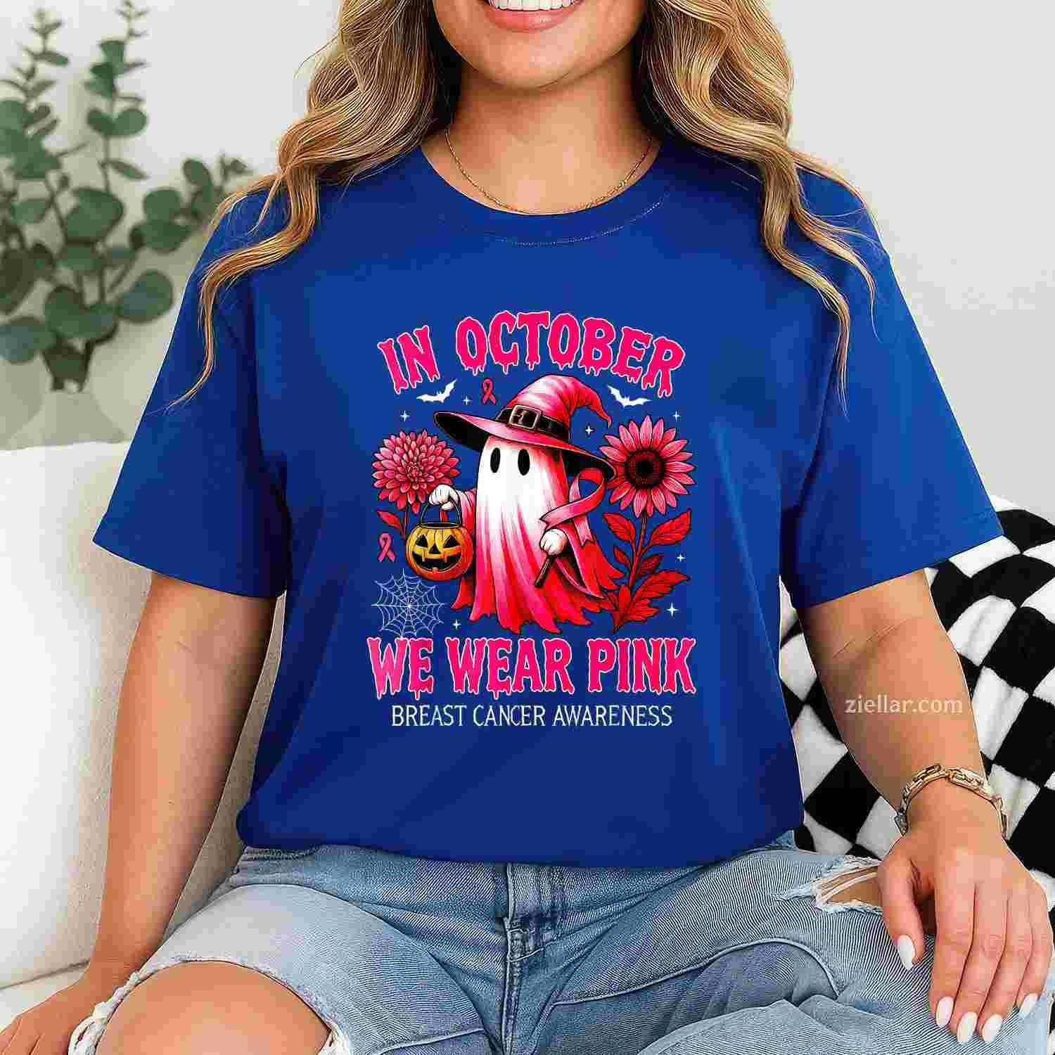 In October We Wear Pink Halloween  Ghost Breast Cancer Funny Graphic Tee and T-Shirt Gift for Adults Men Women Unisex