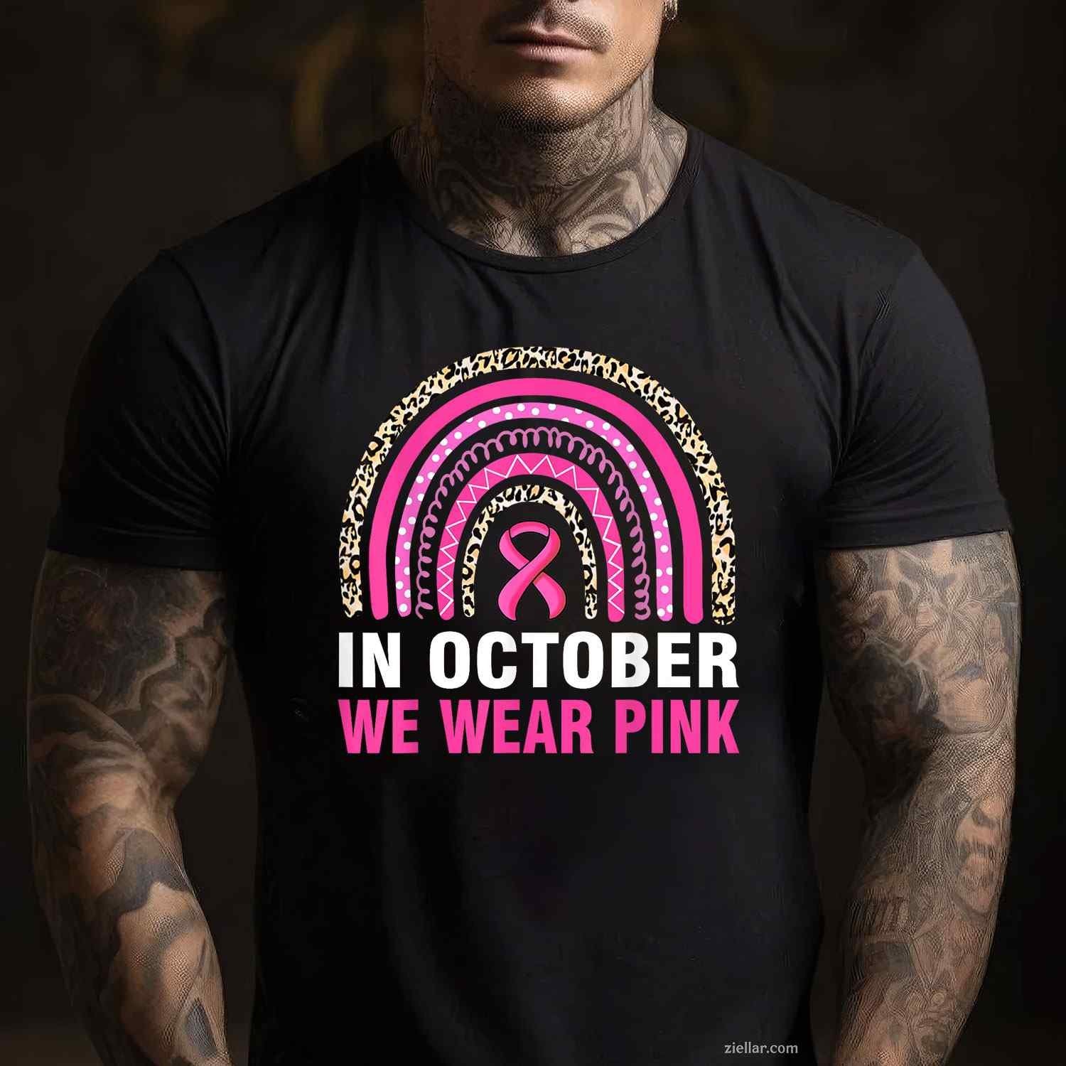 In October We Wear Pink Leopard Breast Cancer Awareness Funny Graphic Tee and T-Shirt Gift for Adults Men Women Unisex