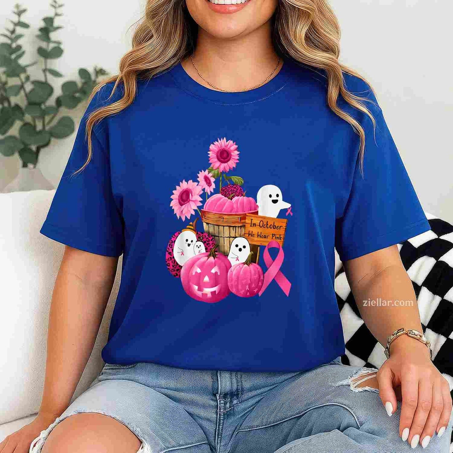 In October We Wear Pink Ghosts & Pumpkins For Breast Cancer Funny Graphic Tee and T-Shirt Gift for Adults Men Women Unisex