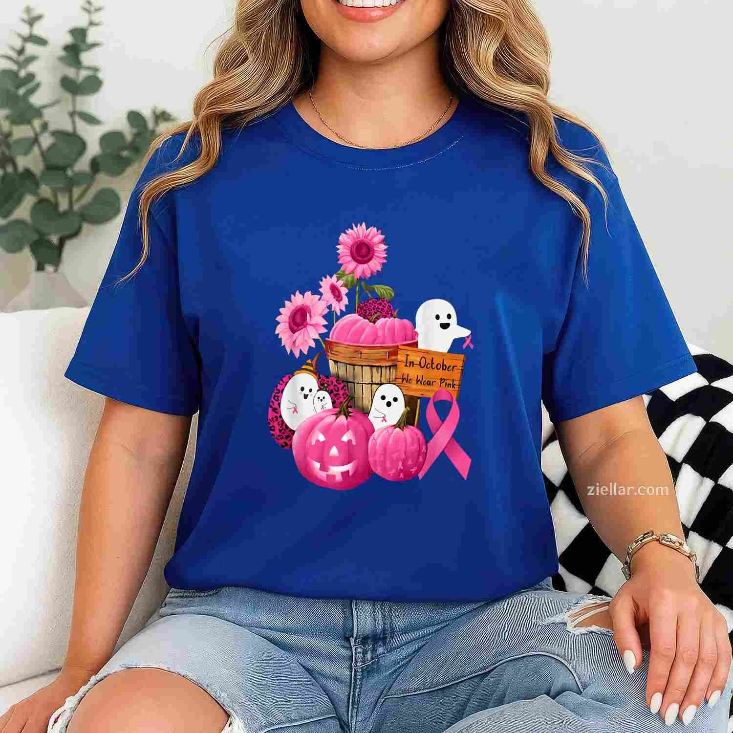 In October We Wear Pink Ghosts & Pumpkins For Breast Cancer Funny Graphic Tee and T-Shirt Gift for Adults Men Women Unisex