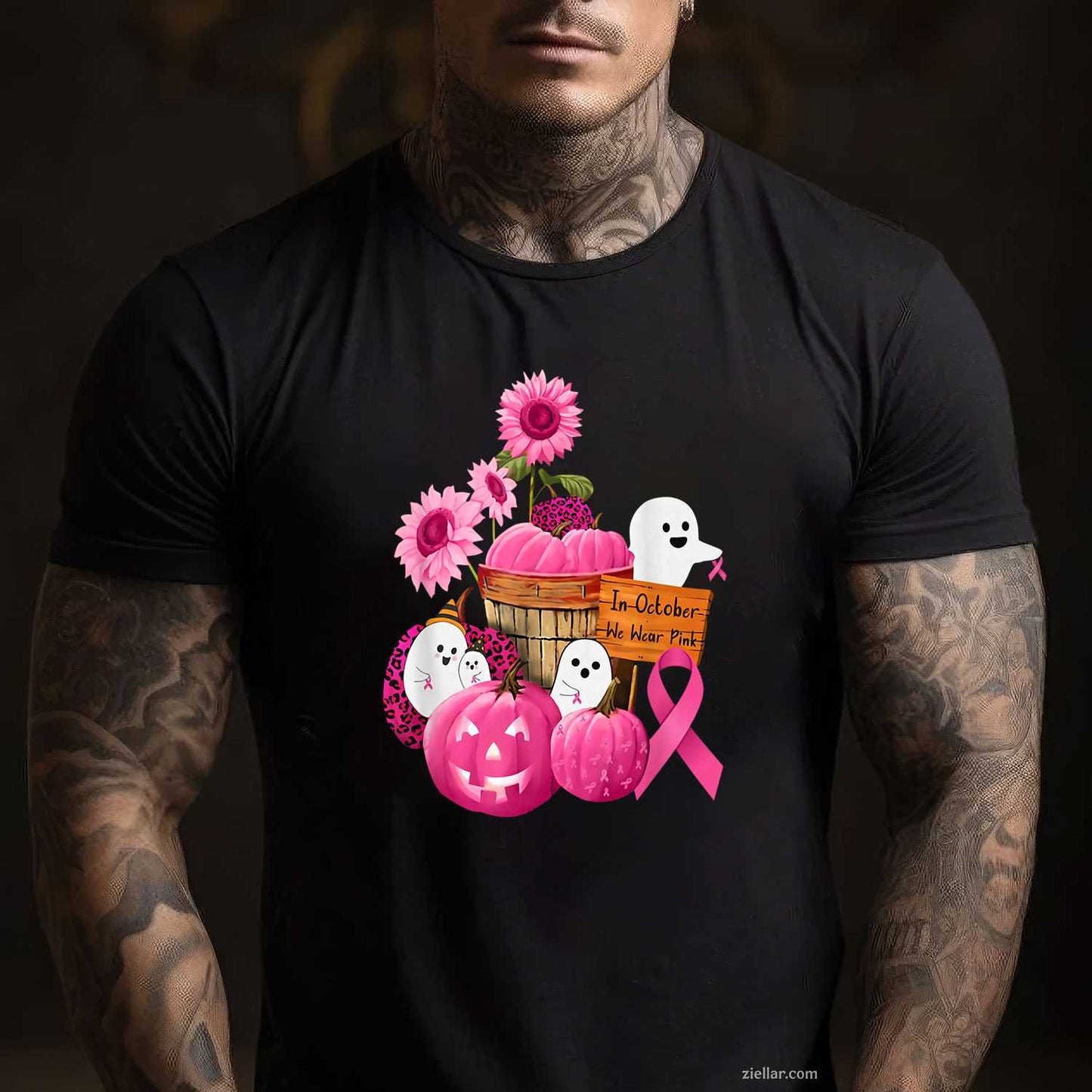 In October We Wear Pink Ghosts & Pumpkins For Breast Cancer Funny Graphic Tee and T-Shirt Gift for Adults Men Women Unisex