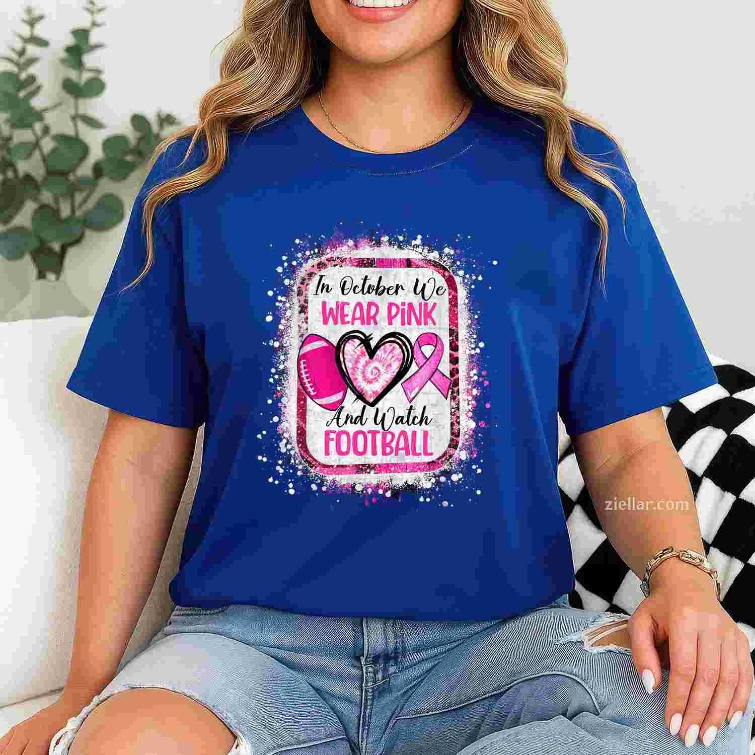 In October We Wear Pink And Watch Football Breast Cancer Funny Graphic Tee and T-Shirt Gift for Adults Men Women Unisex Tee Gift