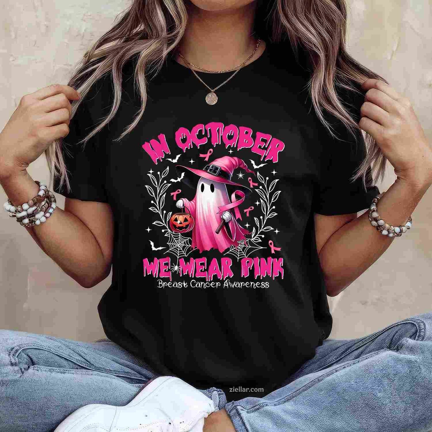 In October We Wear Pink Ghost Witch Breast Cancer Awareness Funny Graphic Tee and T-Shirt Gift for Adults Men Women Unisex Perfect Gift