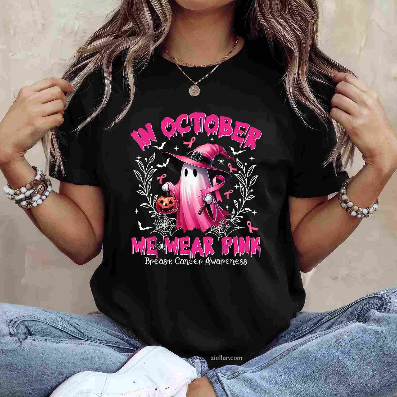 In October We Wear Pink Ghost Witch Breast Cancer Awareness Funny Graphic Tee and T-Shirt Gift for Adults Men Women Unisex Perfect Gift