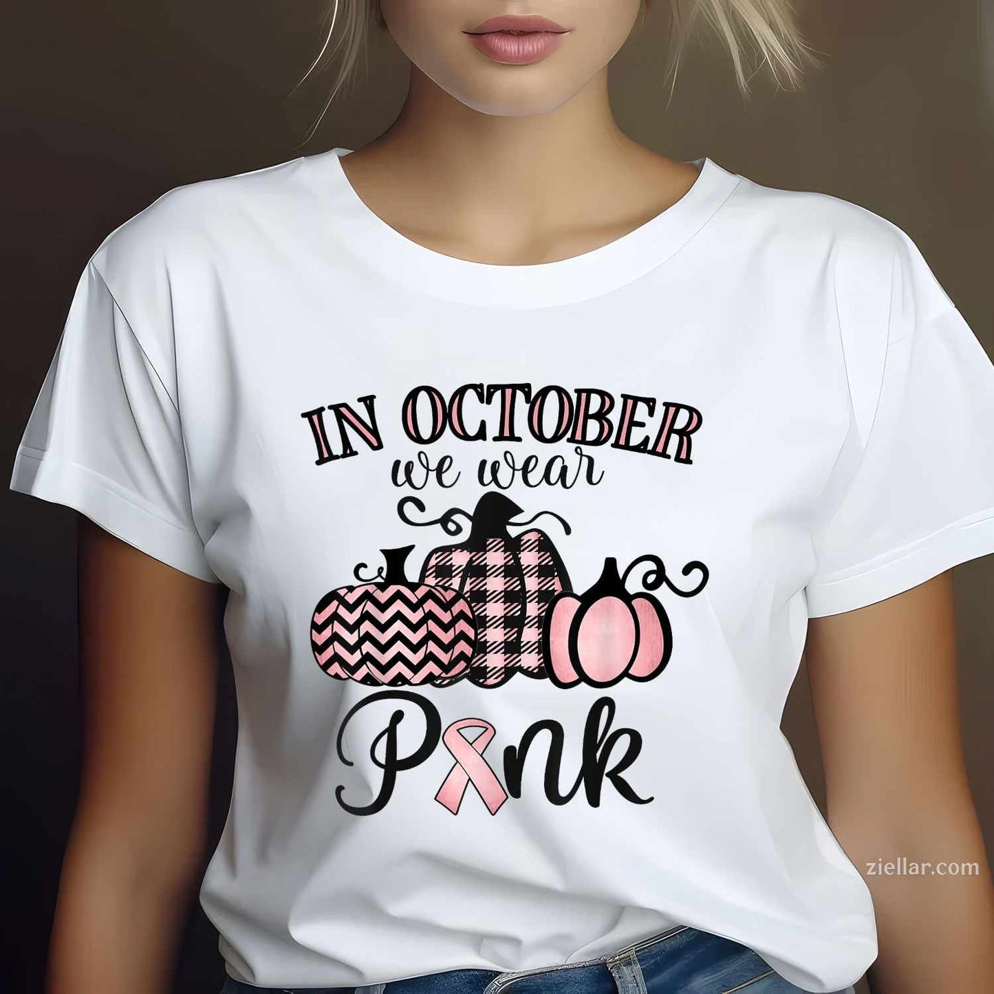 In October We Wear Pink Thanksgiving Breast Cancer Awareness Funny Graphic Tee and T-Shirt Gift for Adults Men Women Unisex