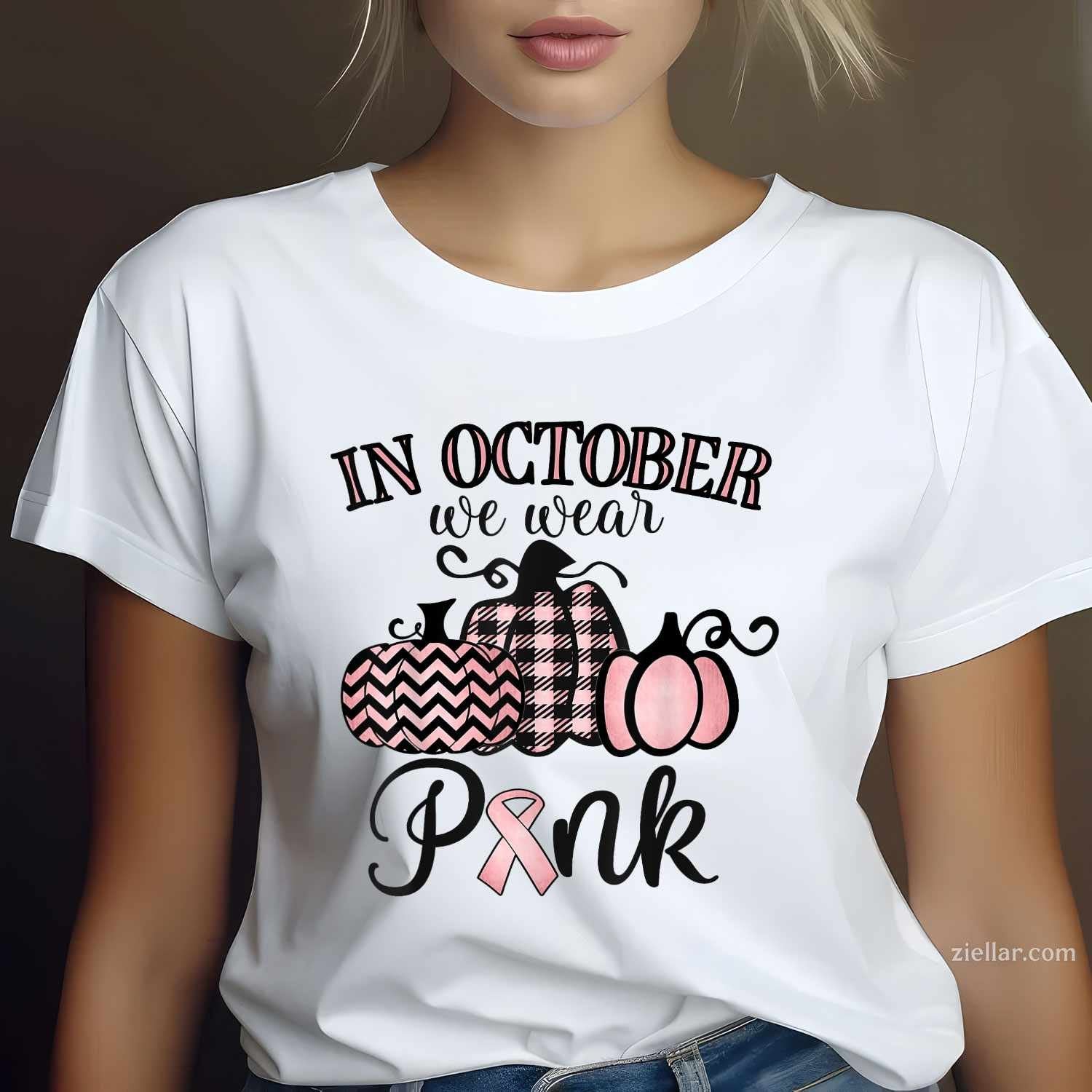 In October We Wear Pink Thanksgiving Breast Cancer Awareness Funny Graphic Tee and T-Shirt Gift for Adults Men Women Unisex
