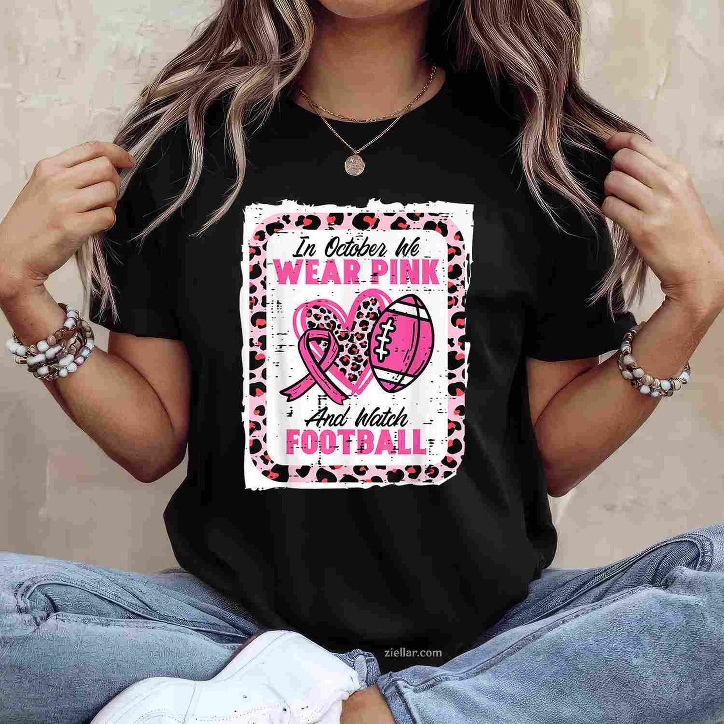In October We Wear Pink And Watch Football Breast Cancer Funny Graphic Tee and T-Shirt Gift for Adults Men Women Unisex