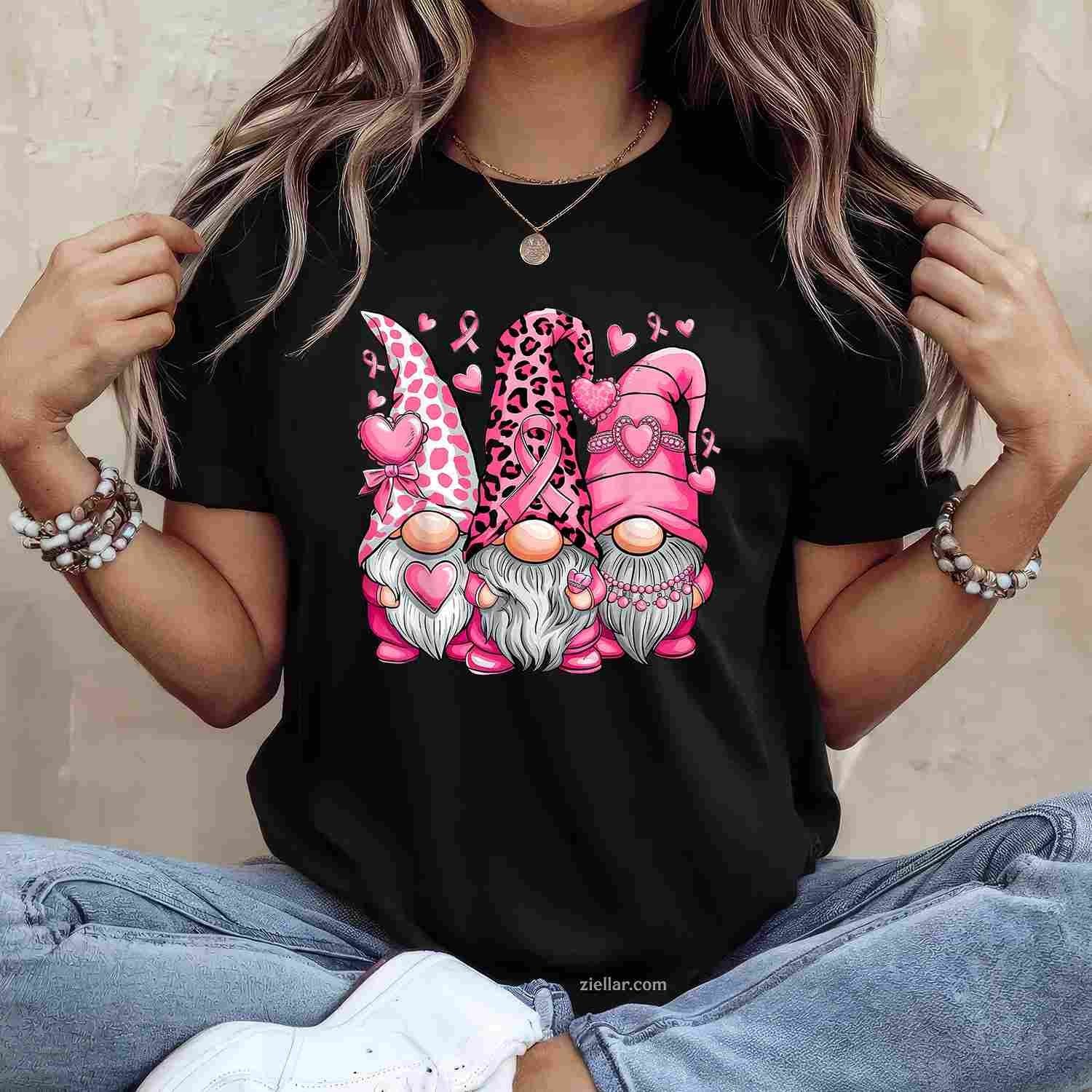 In October We Wear Pink Ribbon Gnomes Women Breast Cancer Funny Graphic Tee and T-Shirt Gift for Adults Men Women Unisex