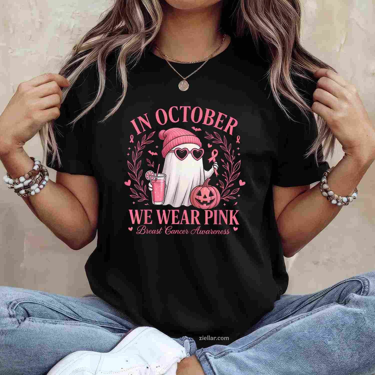 In October We Wear Pink Breast Cancer Awareness Halloween Funny Graphic Tee and T-Shirt Gift for Adults Men Women Unisex