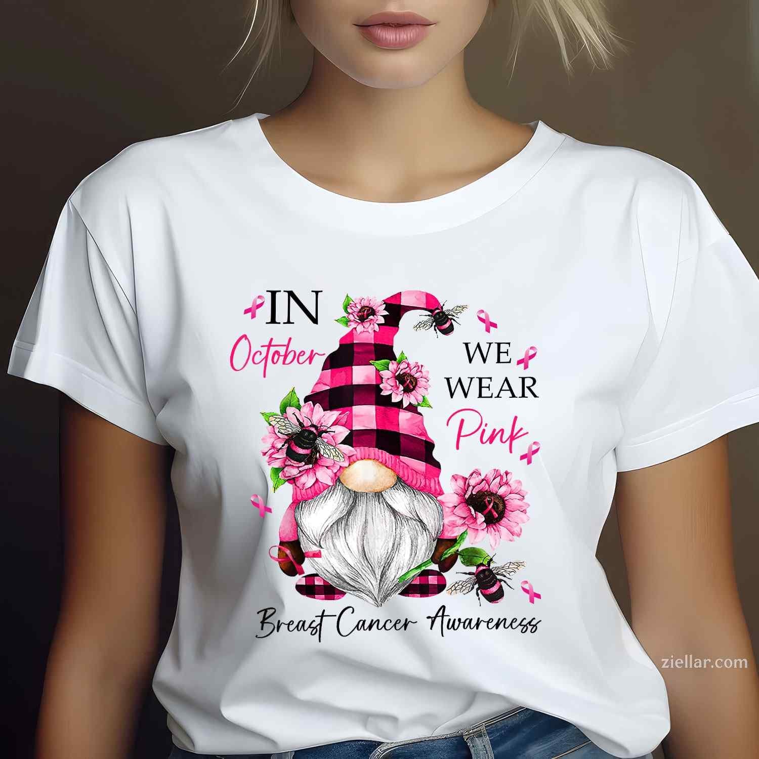 In October We Wear Pink Gnome Breast Cancer Awareness Funny Graphic Tee and T-Shirt Gift for Adults Men Women Unisex