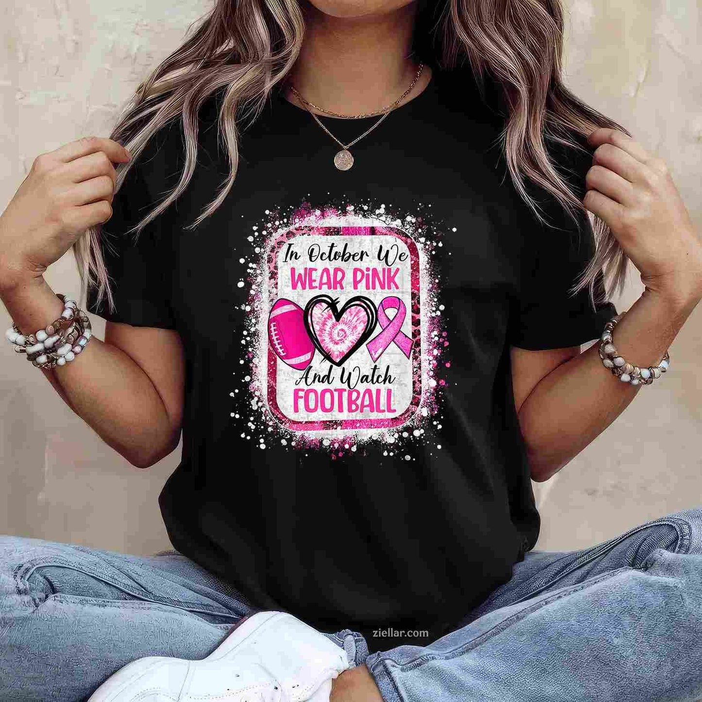 In October We Wear Pink And Watch Football Breast Cancer Funny Graphic Tee and T-Shirt Gift for Adults Men Women Unisex Tee Gift