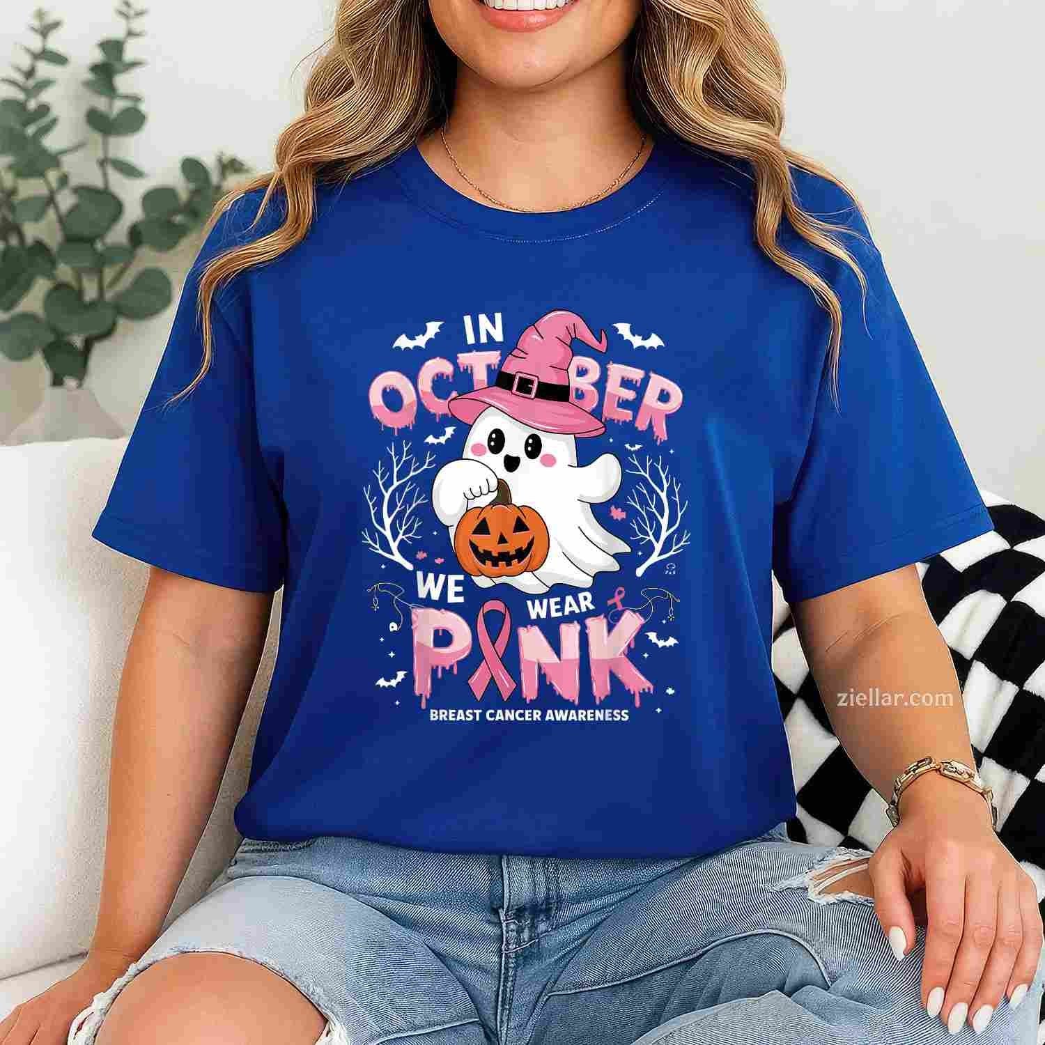 In October We Wear Pink shirt Ghost Breast Cancer Awareness Funny Graphic Tee and T-Shirt Gift for Adults Men Women Unisex