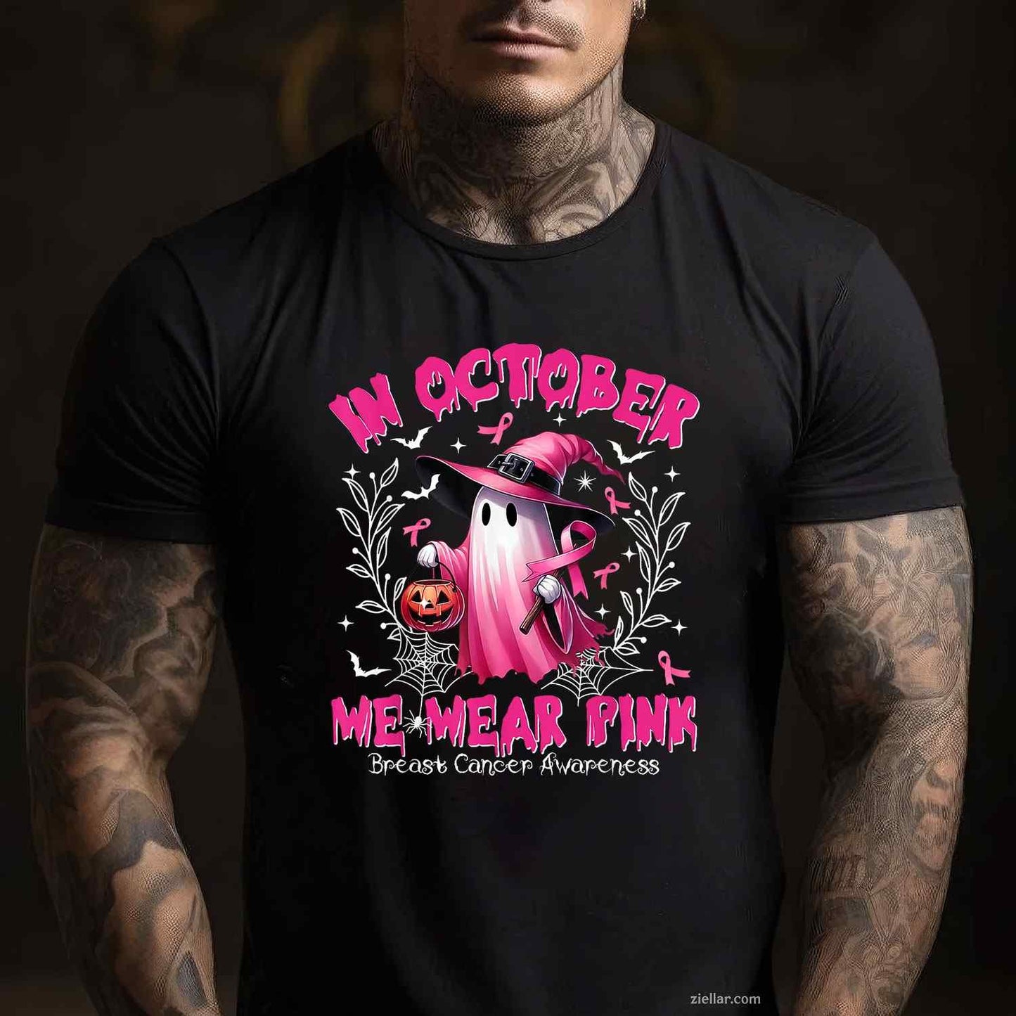 In October We Wear Pink Ghost Witch Breast Cancer Awareness Funny Graphic Tee and T-Shirt Gift for Adults Men Women Unisex Perfect Gift