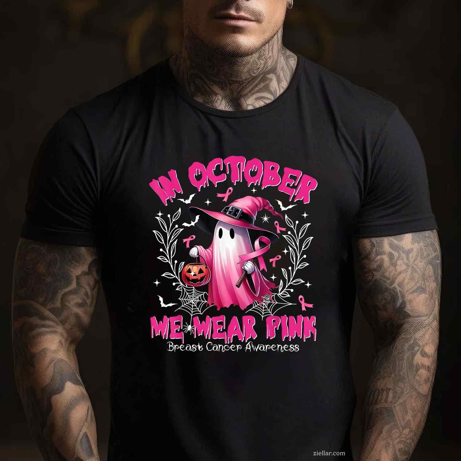 In October We Wear Pink Ghost Witch Breast Cancer Awareness Funny Graphic Tee and T-Shirt Gift for Adults Men Women Unisex Perfect Gift
