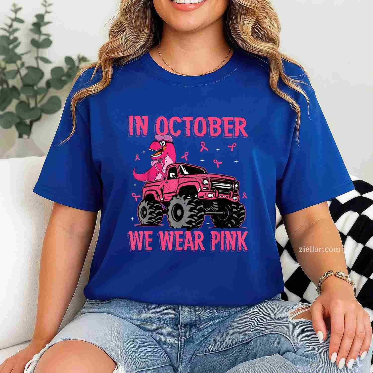 In October We Wear Pink Breast Cancer Trex Dino Kids Toddler Funny Graphic Tee and T-Shirt Gift for Adults Men Women Unisex