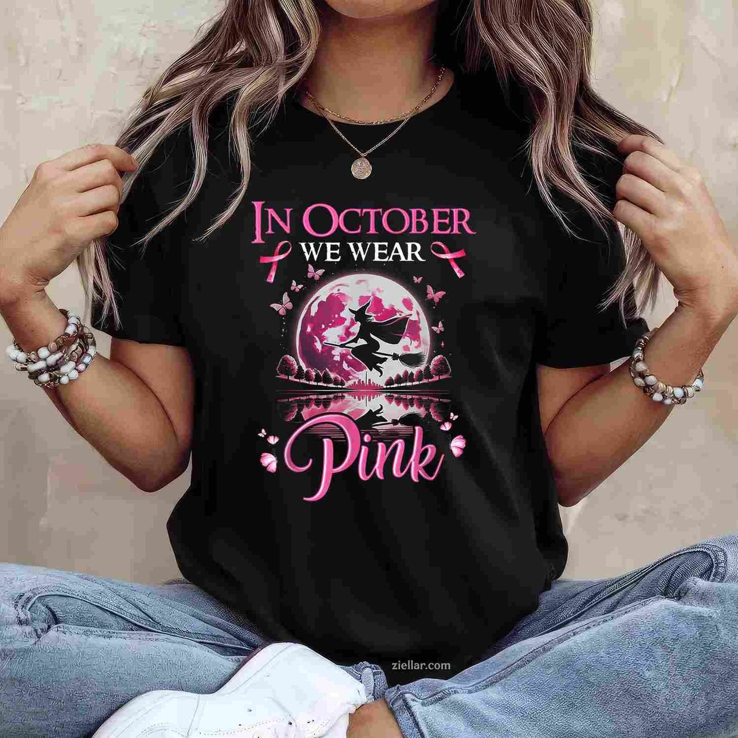 In October We Wear Pink Ribbon Witch Breast Cancer Halloween Funny Graphic Tee and T-Shirt Gift for Adults Men Women Unisex