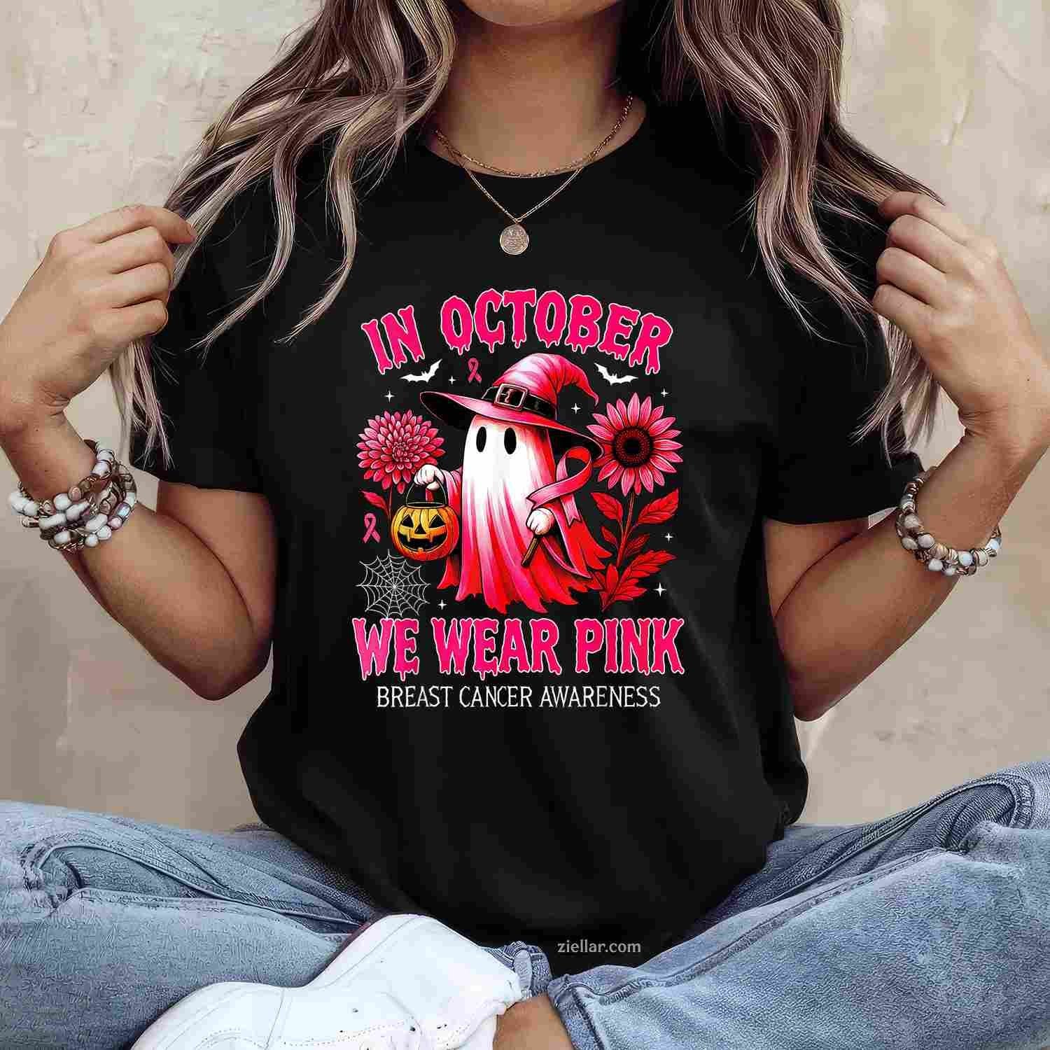 In October We Wear Pink Halloween  Ghost Breast Cancer Funny Graphic Tee and T-Shirt Gift for Adults Men Women Unisex