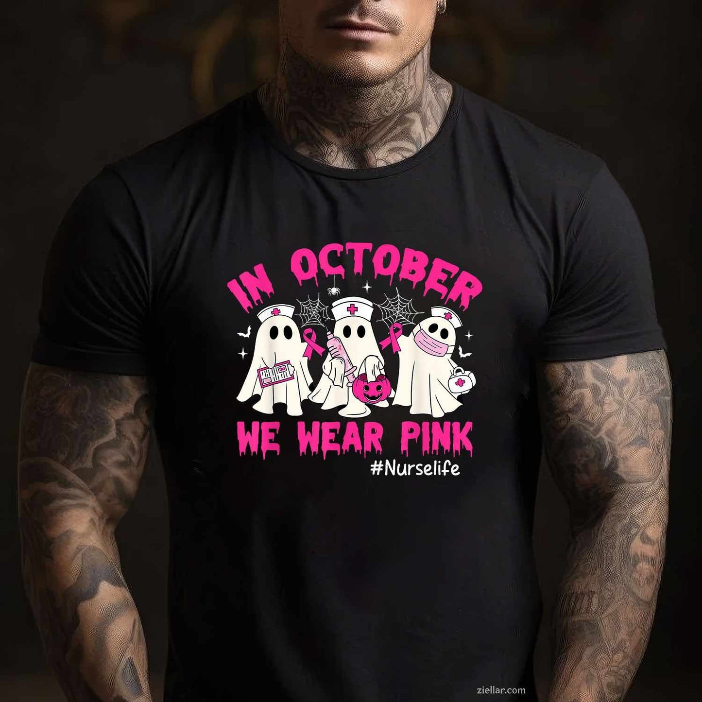 In October We Wear Pink Nurse Life Breast Cancer Awareness Funny Graphic Tee and T-Shirt Gift for Adults Men Women Unisex
