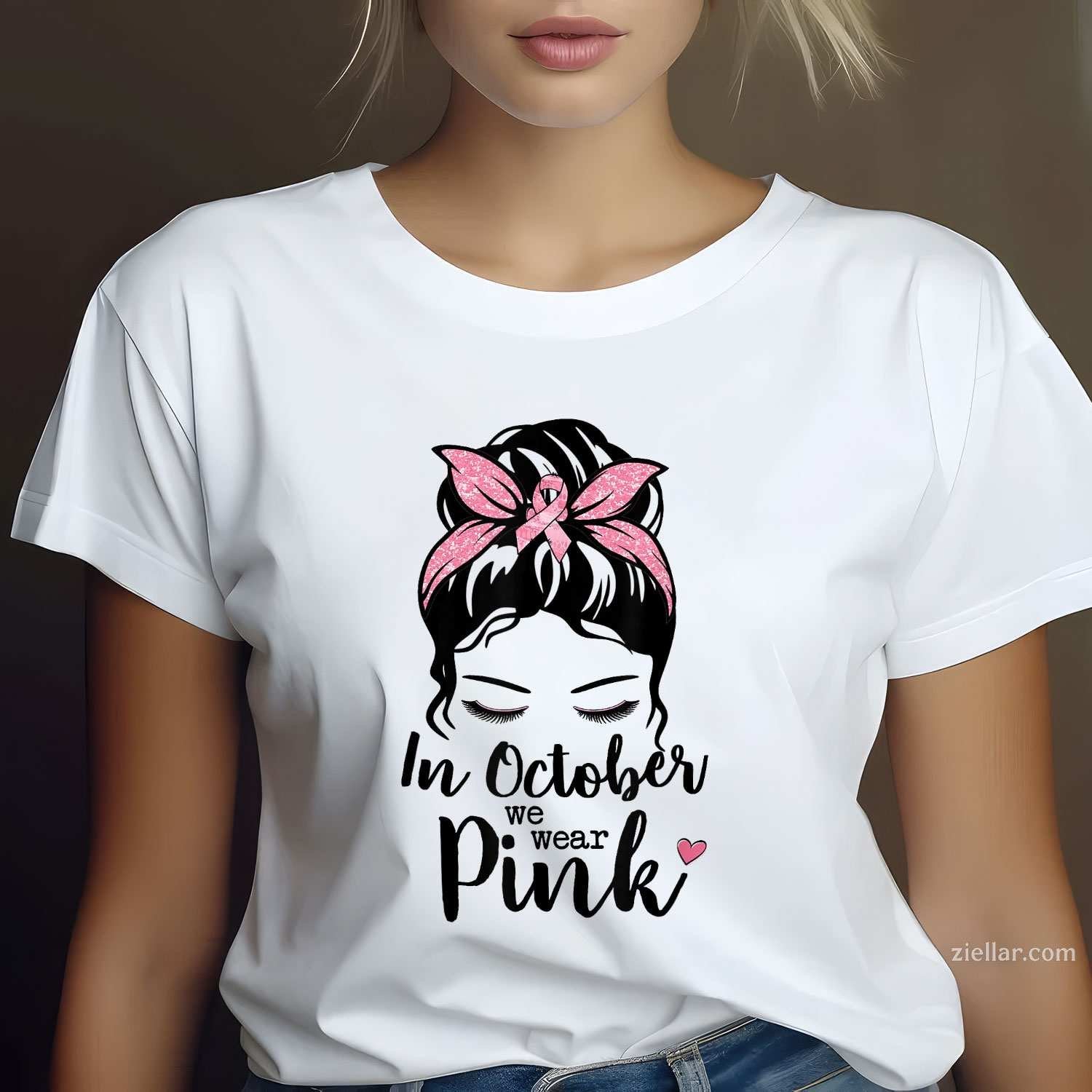 In October We Wear Pink Messy Bun Breast Cancer Awareness Funny Graphic Tee and T-Shirt Gift for Adults Men Women Unisex