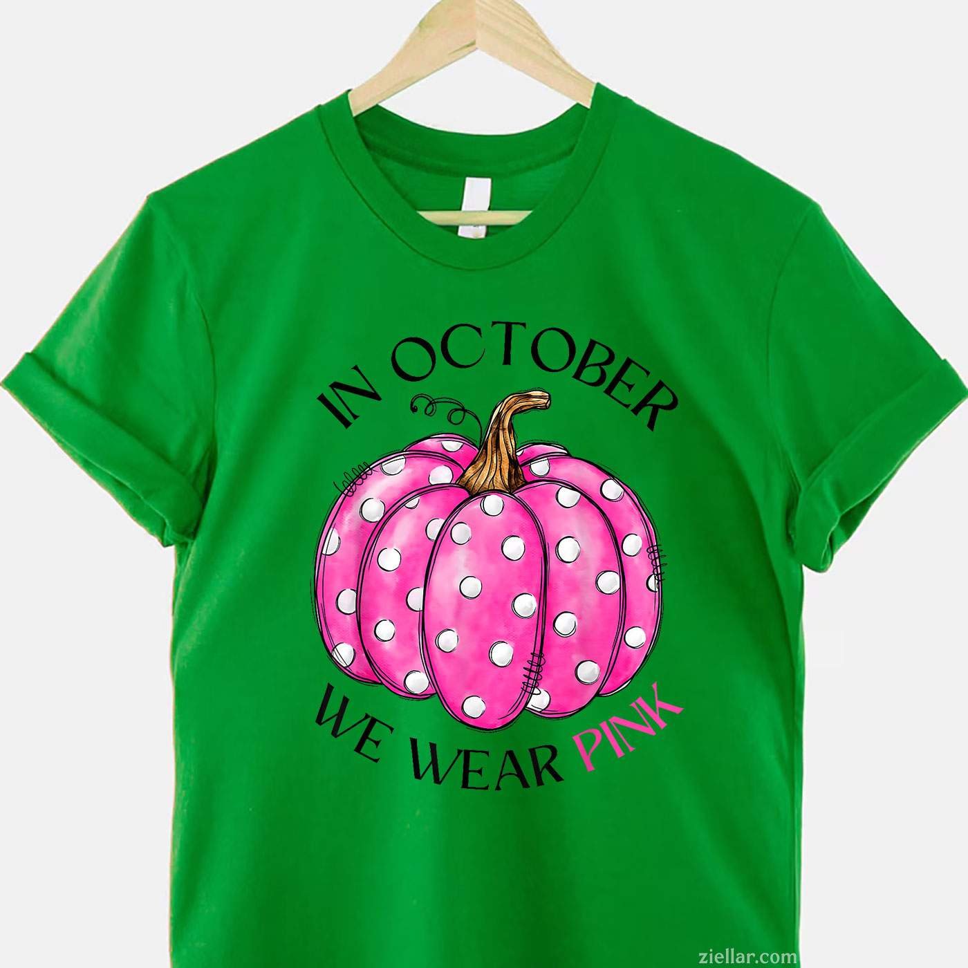 In October We Wear Pink Pumpkin Breast Cancer Awareness Gift Funny Graphic Tee and T-Shirt Gift for Adults Men Women Unisex
