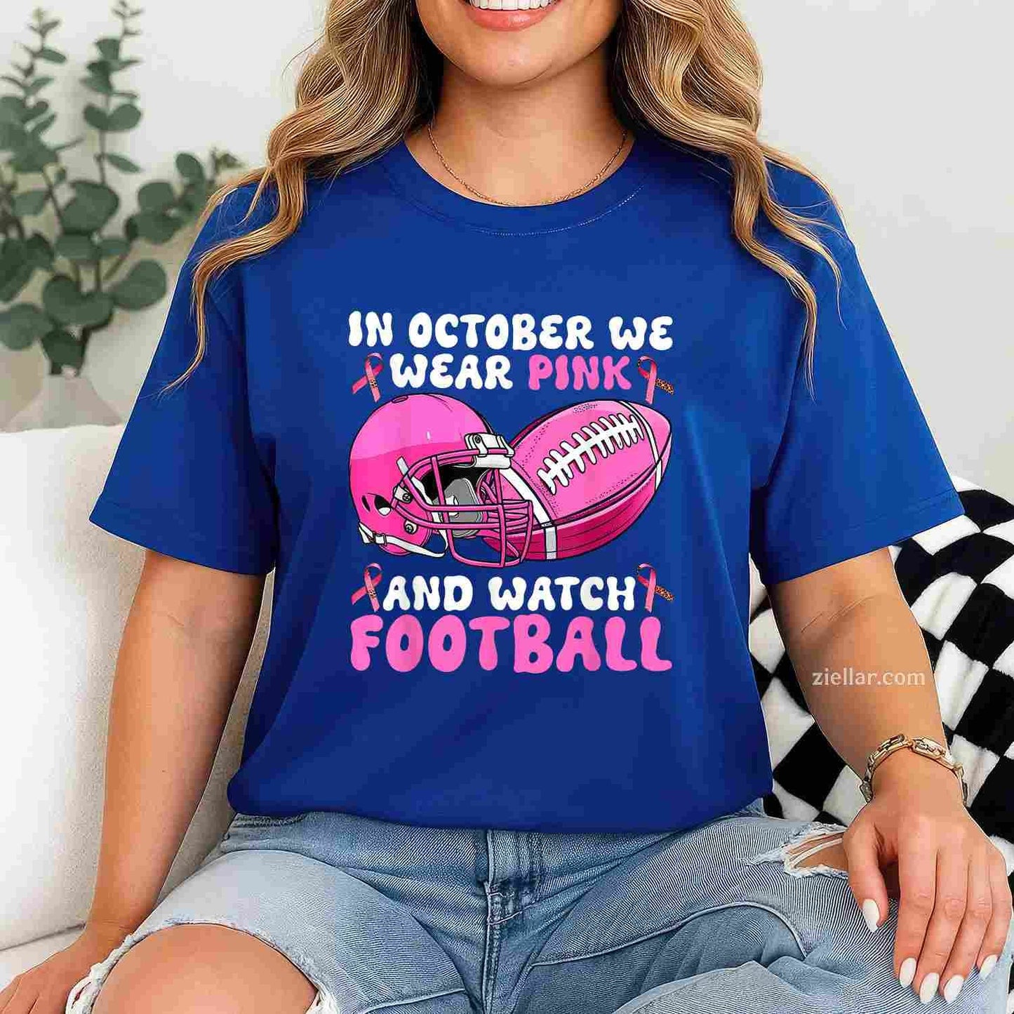 In October We Wear Pink Football Breast Cancer Awareness Funny Graphic Tee and T-Shirt Gift for Adults Men Women Unisex