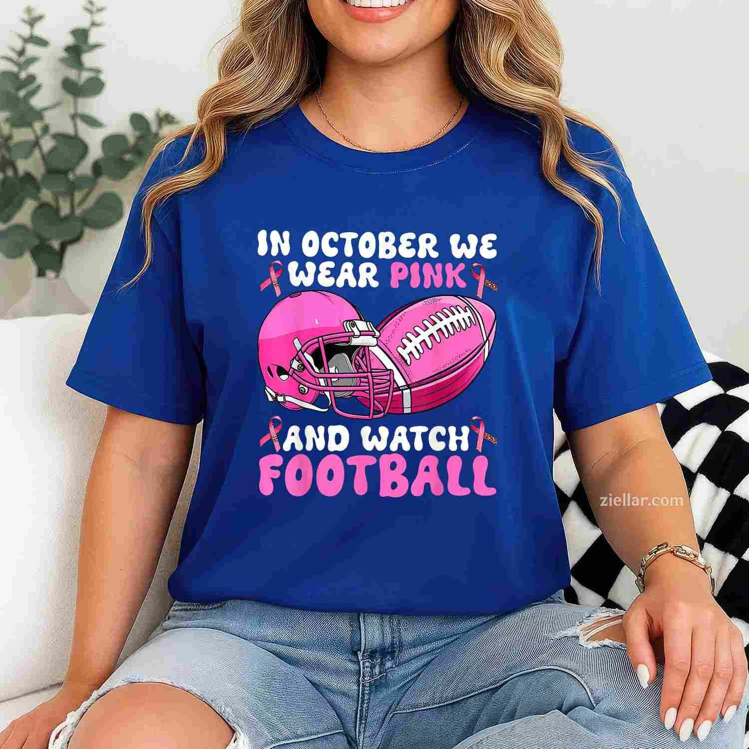 In October We Wear Pink Football Breast Cancer Awareness Funny Graphic Tee and T-Shirt Gift for Adults Men Women Unisex