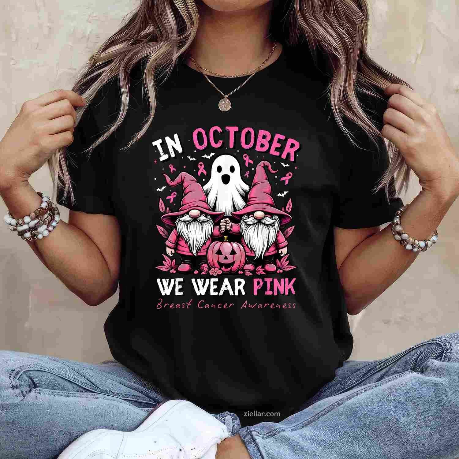 In October We Wear Pink Ghost Gnomes Breast Cancer Awareness Funny Graphic Tee and T-Shirt Gift for Adults Men Women Unisex