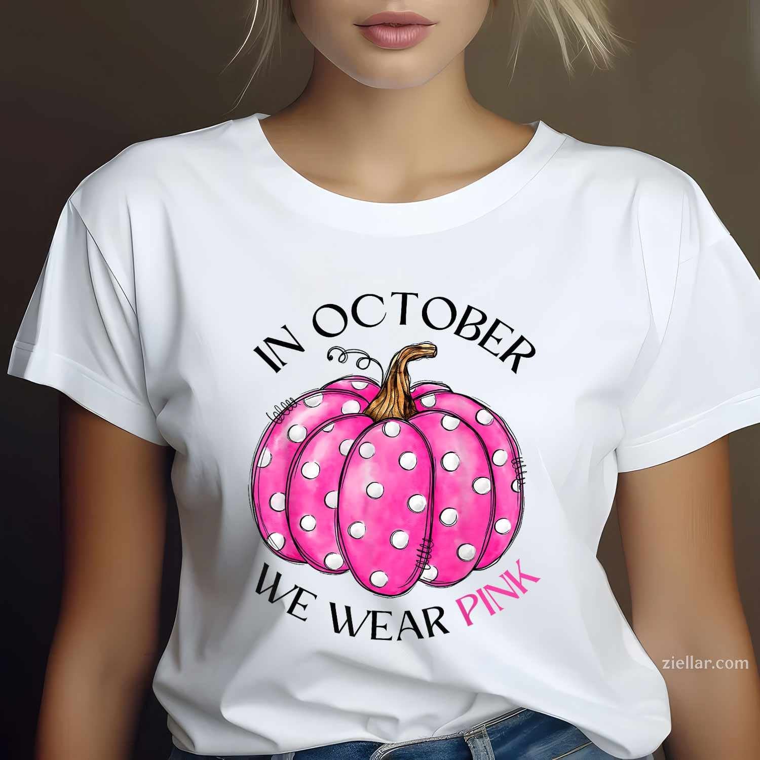 In October We Wear Pink Pumpkin Breast Cancer Awareness Gift Funny Graphic Tee and T-Shirt Gift for Adults Men Women Unisex