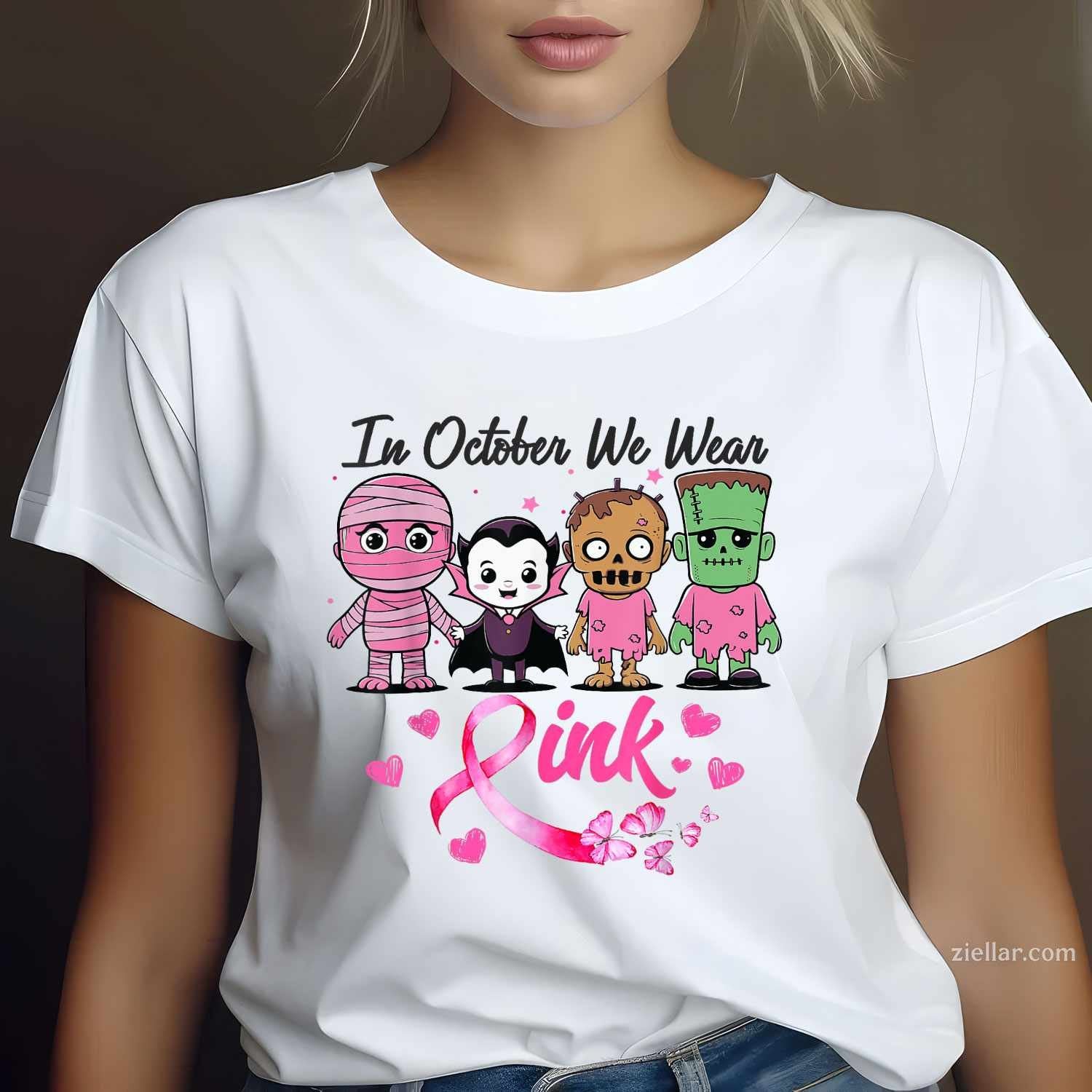 In October we wear pink halloween Funny Graphic Tee and T-Shirt Gift for Adults Men Women Unisex