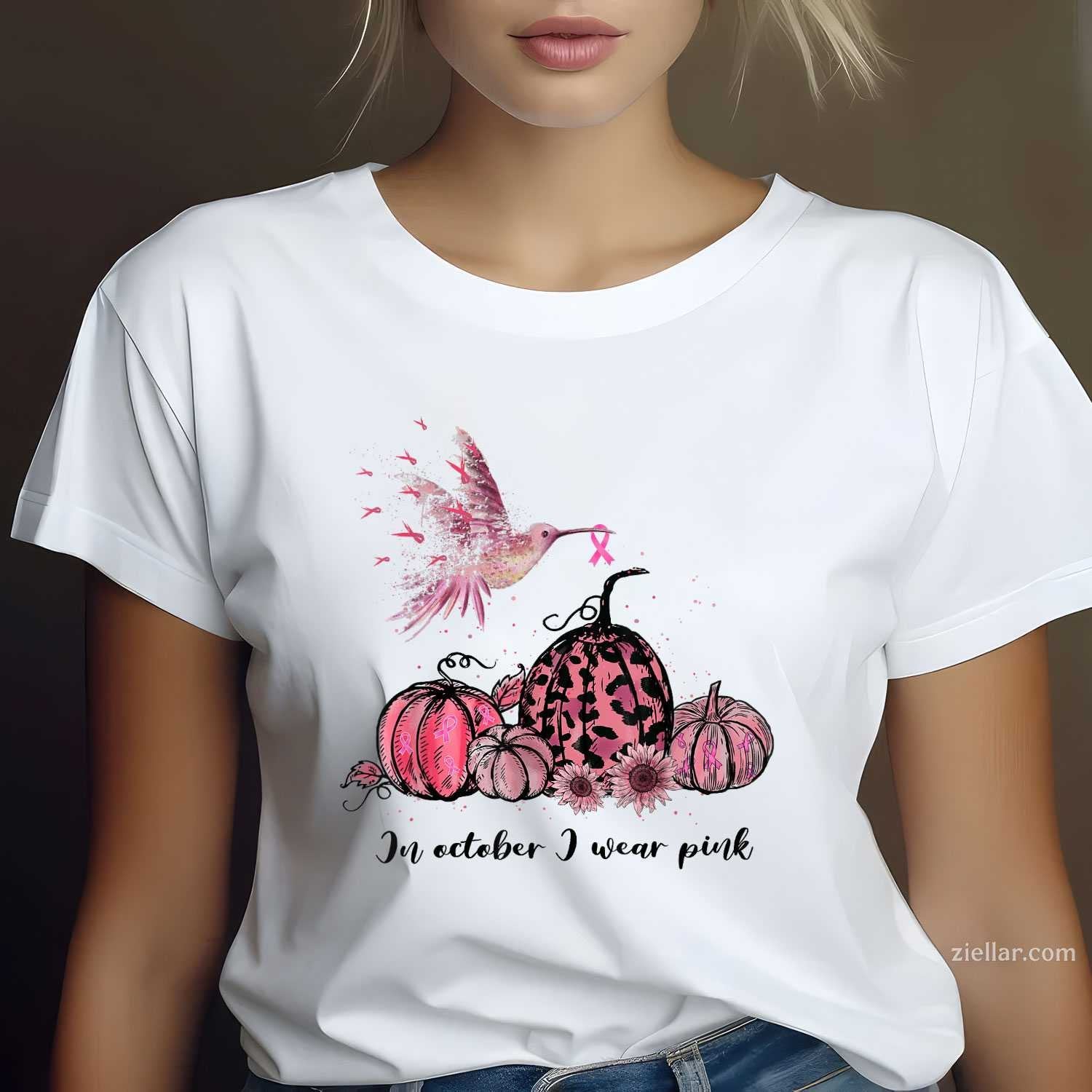 In October We Wear Pink Hummingbird Breast Cancer Awareness Funny Graphic Tee and T-Shirt Gift for Adults Men Women Unisex