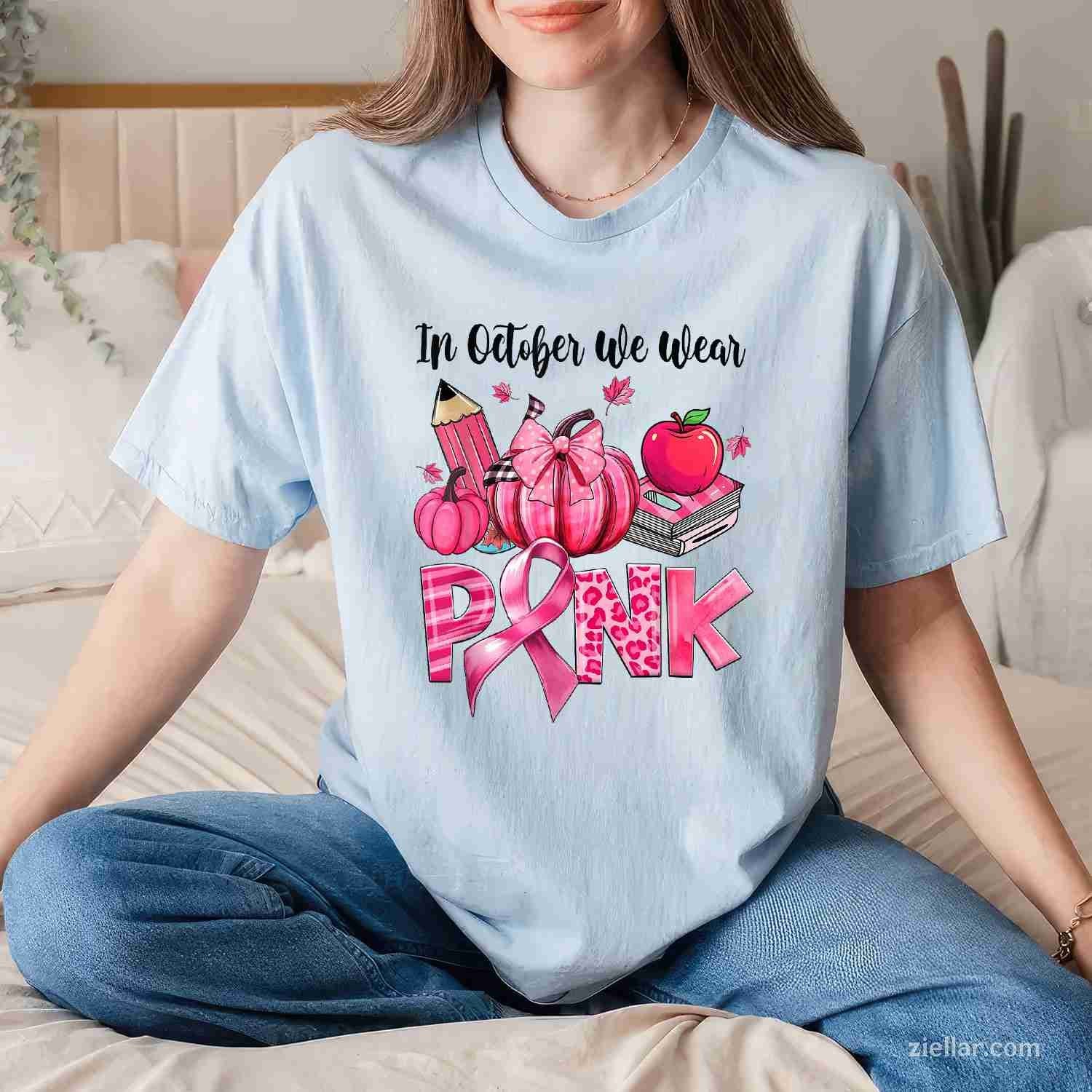 In October We Wear Pink Apple Teacher Pumpkin Breast Cancer Funny Graphic Tee and T-Shirt Gift for Adults Men Women Unisex