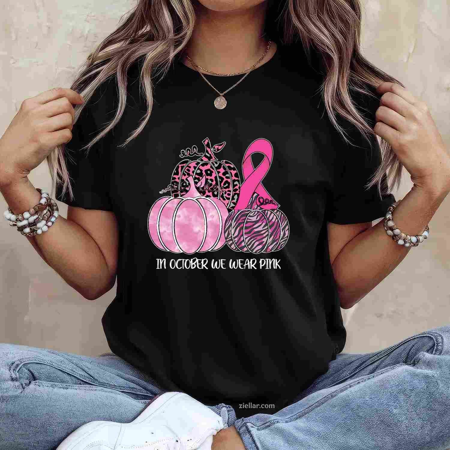 In October We Wear Pink Ribbon Pumpkin Breast Cancer Long Sleeve Funny Graphic Tee and T-Shirt Gift for Adults Men Women Unisex