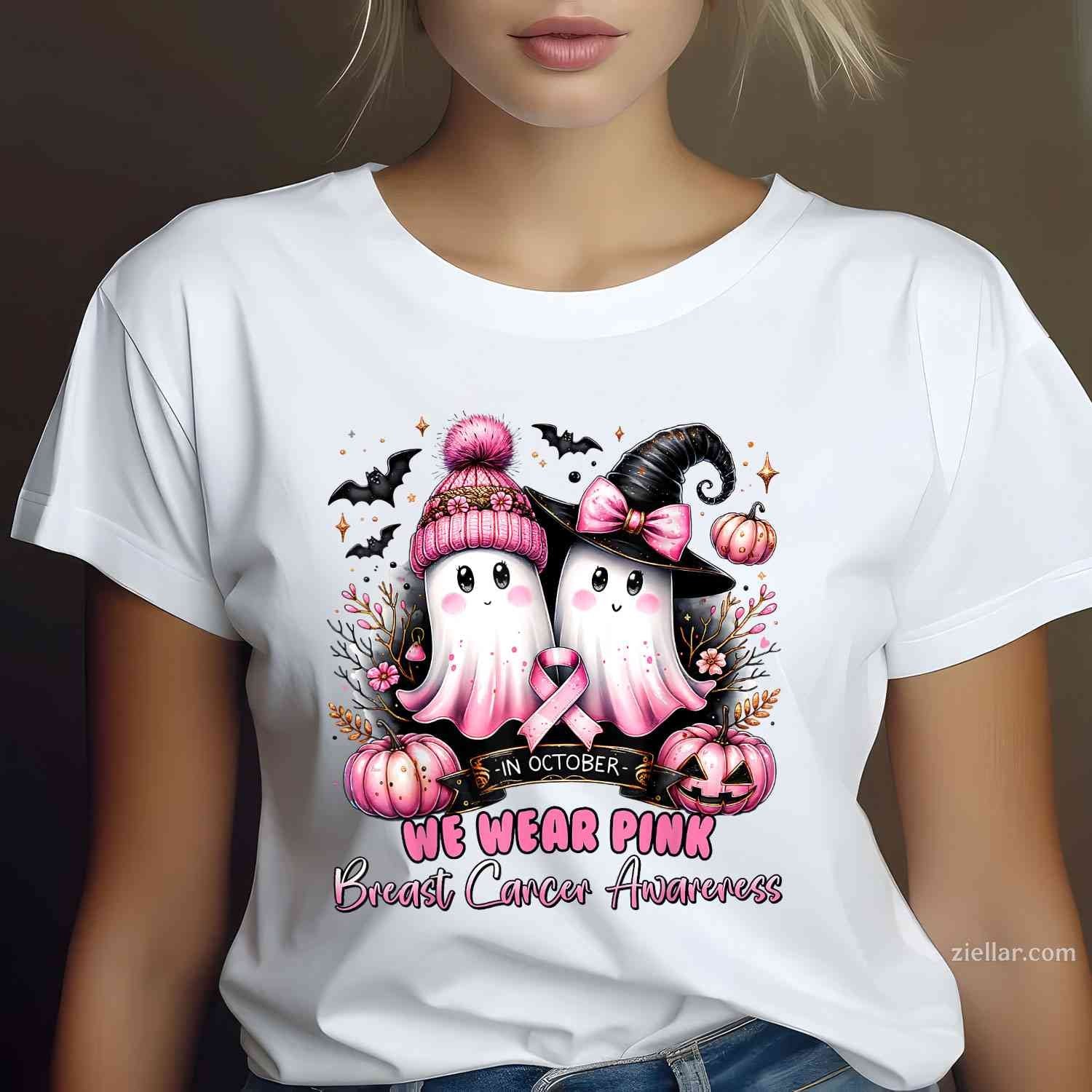 In October We Wear Pink Ghost Witch Breast Cancer Awareness Funny Graphic Tee and T-Shirt Gift for Adults Men Women Unisex