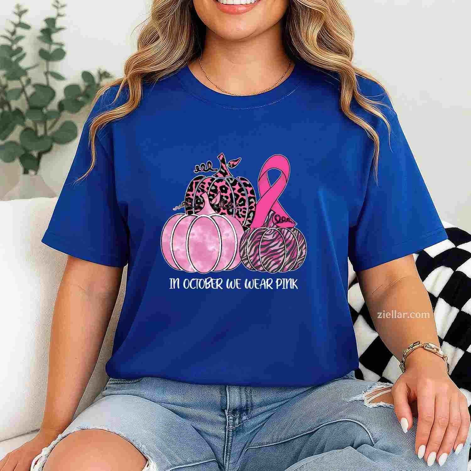 In October We Wear Pink Ribbon Pumpkin Breast Cancer Long Sleeve Funny Graphic Tee and T-Shirt Gift for Adults Men Women Unisex