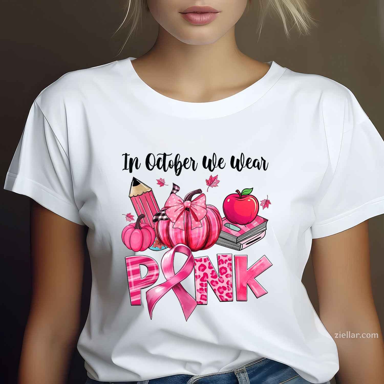 In October We Wear Pink Apple Teacher Pumpkin Breast Cancer Funny Graphic Tee and T-Shirt Gift for Adults Men Women Unisex
