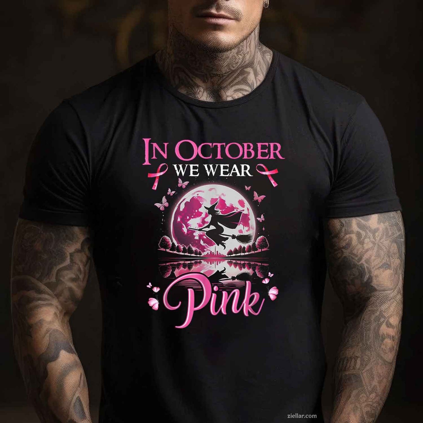 In October We Wear Pink Ribbon Witch Breast Cancer Halloween Funny Graphic Tee and T-Shirt Gift for Adults Men Women Unisex