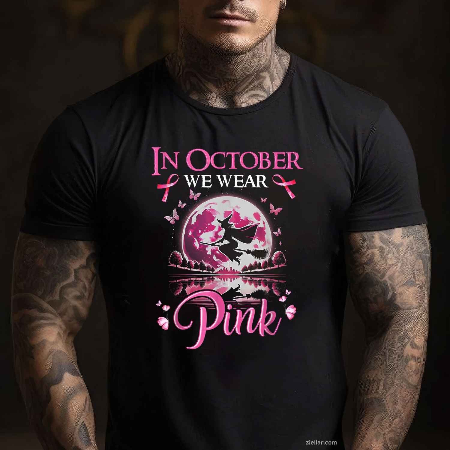 In October We Wear Pink Ribbon Witch Breast Cancer Halloween Funny Graphic Tee and T-Shirt Gift for Adults Men Women Unisex