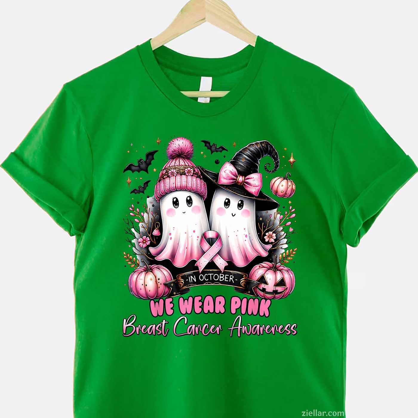 In October We Wear Pink Ghost Witch Breast Cancer Awareness Funny Graphic Tee and T-Shirt Gift for Adults Men Women Unisex