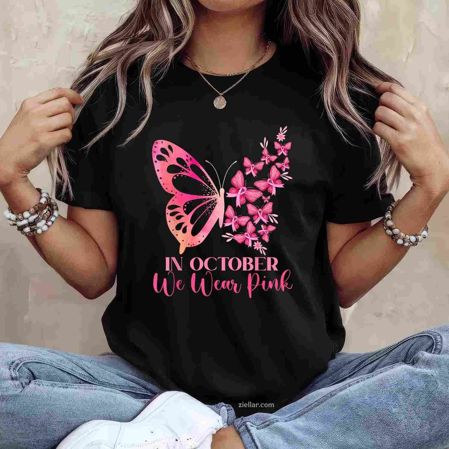 In October We Wear Pink Butterfly Breast Cancer Awareness Funny Graphic Tee and T-Shirt Gift for Adults Men Women Unisex