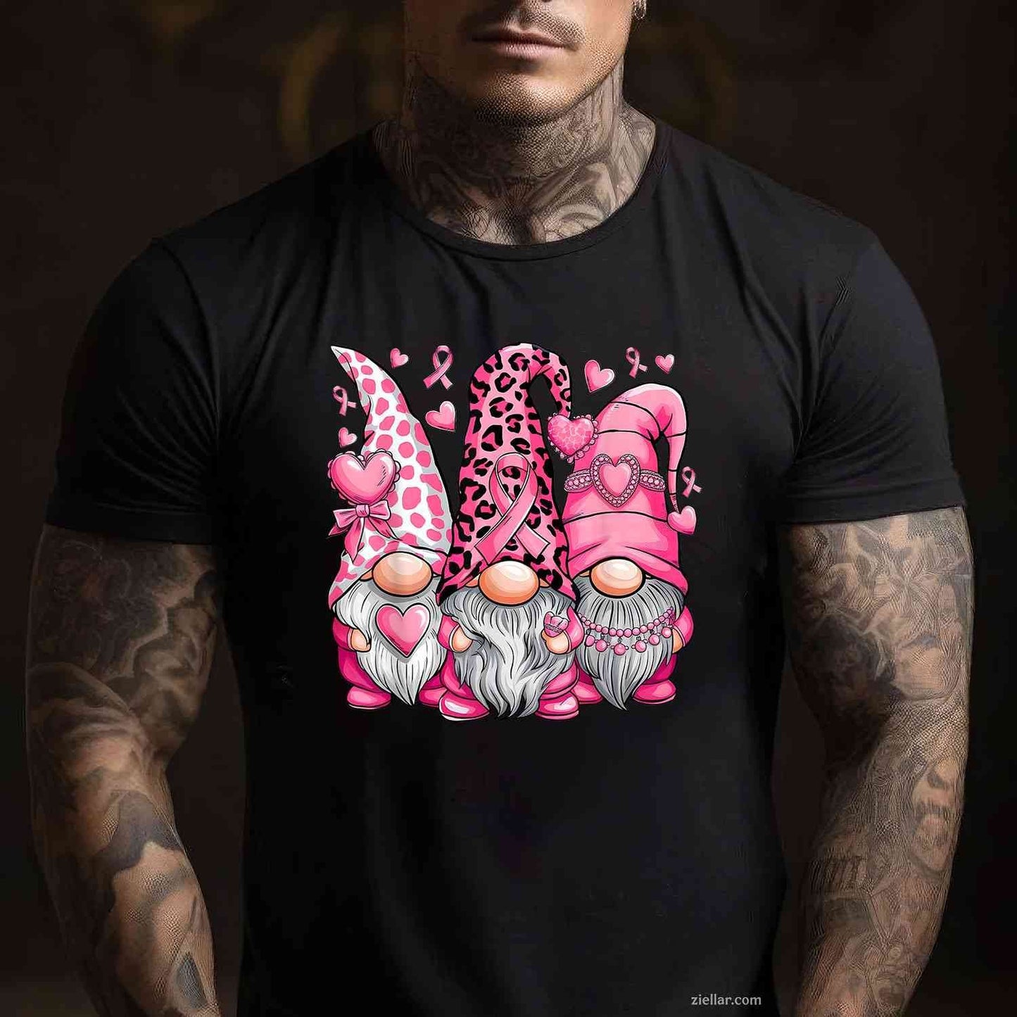 In October We Wear Pink Ribbon Gnomes Women Breast Cancer Funny Graphic Tee and T-Shirt Gift for Adults Men Women Unisex