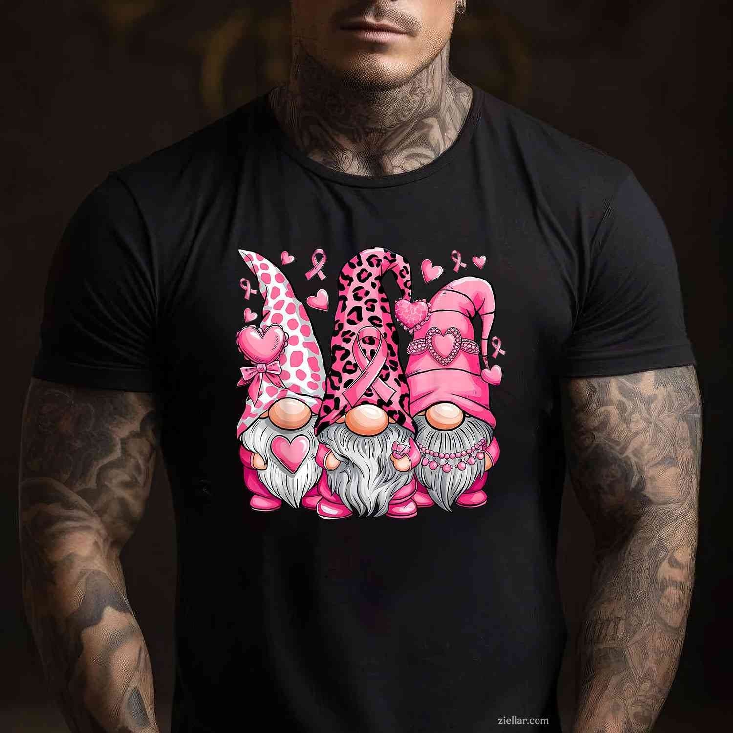 In October We Wear Pink Ribbon Gnomes Women Breast Cancer Funny Graphic Tee and T-Shirt Gift for Adults Men Women Unisex